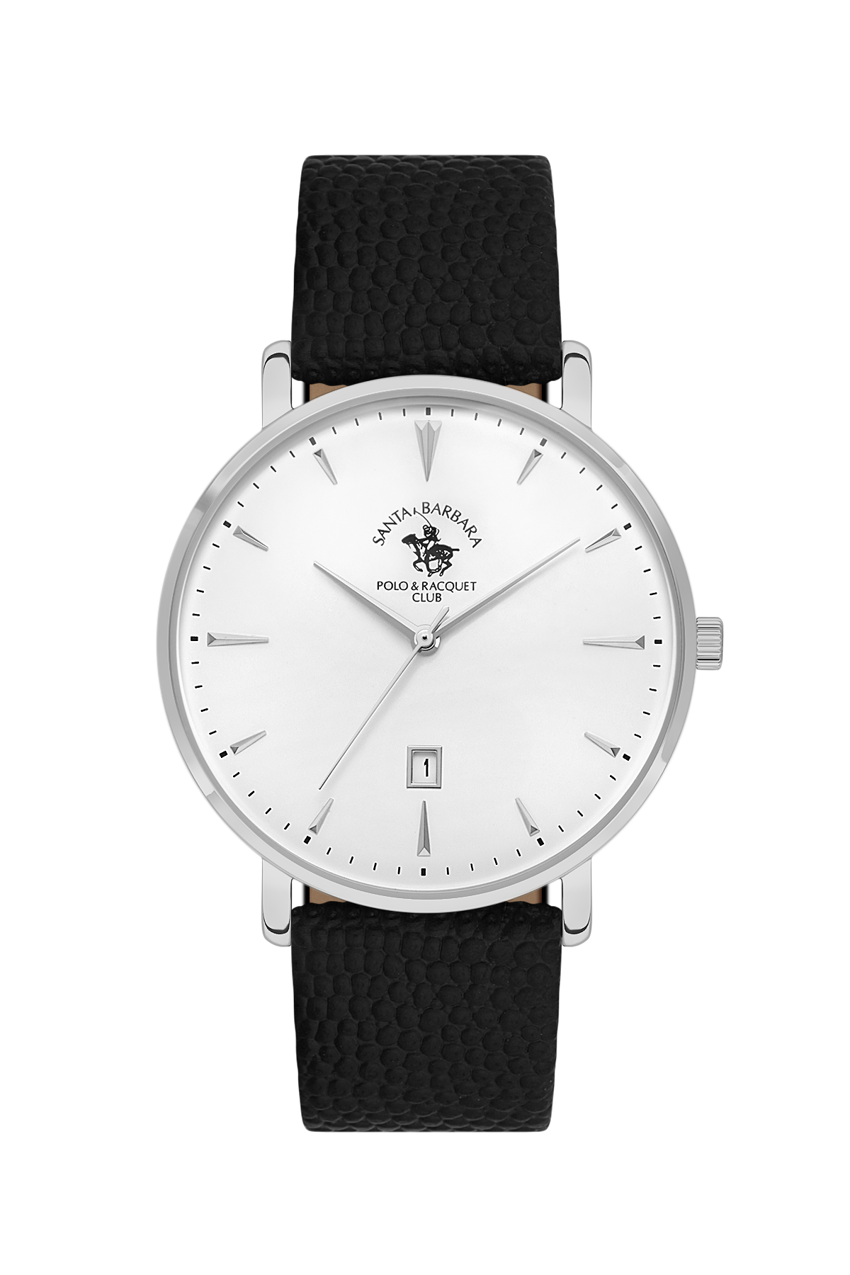 Watch with black strap and white dial on a white background