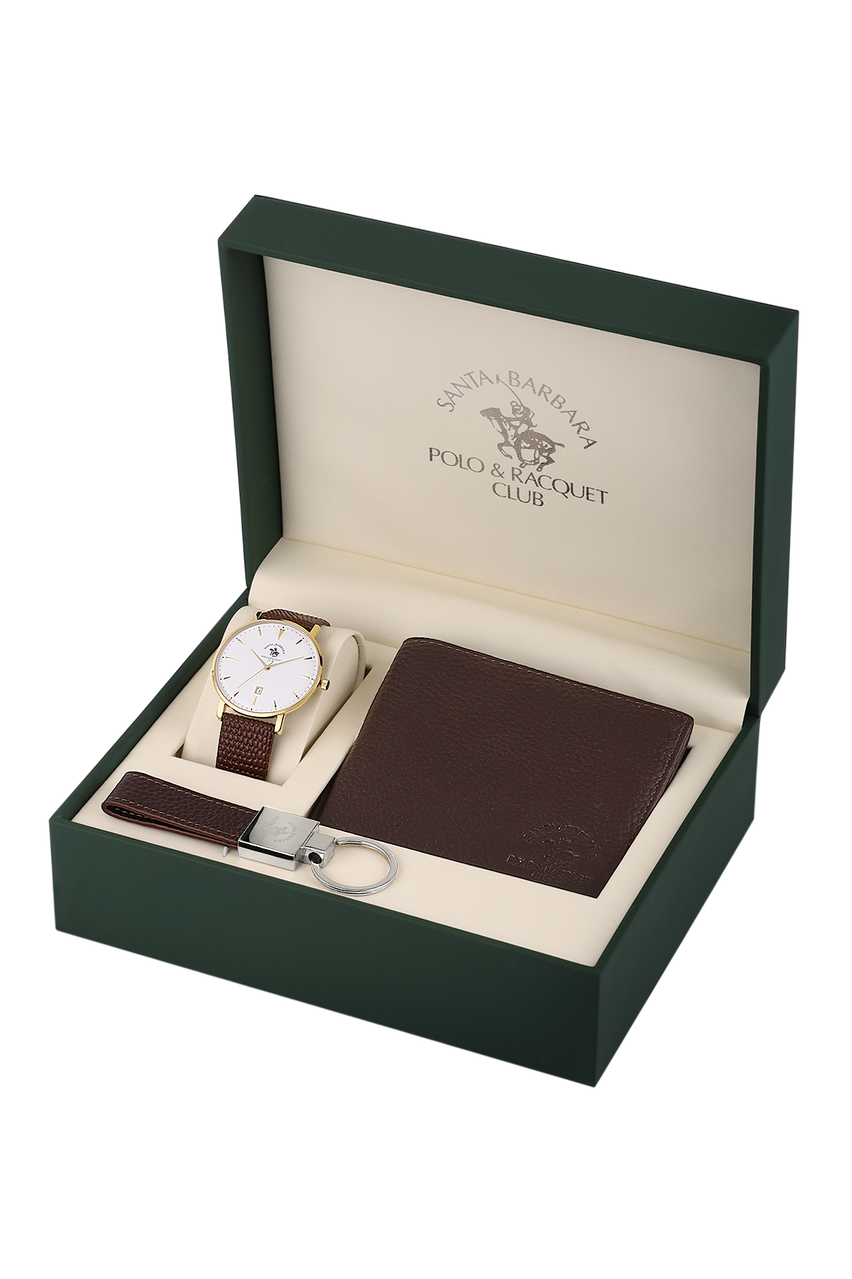 Watch and wallet set in a branded box