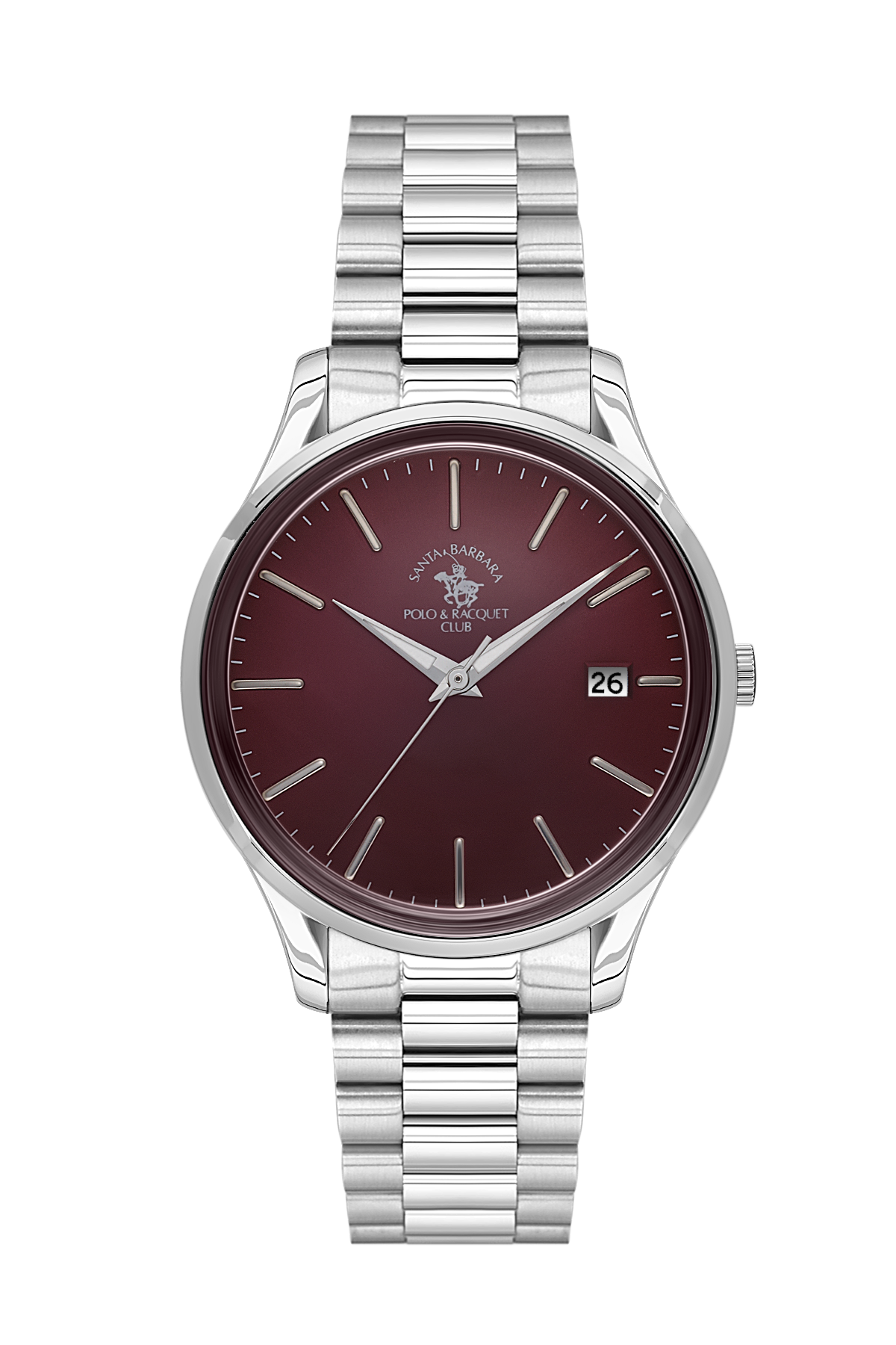 Silver watch with a maroon dial on a white background
