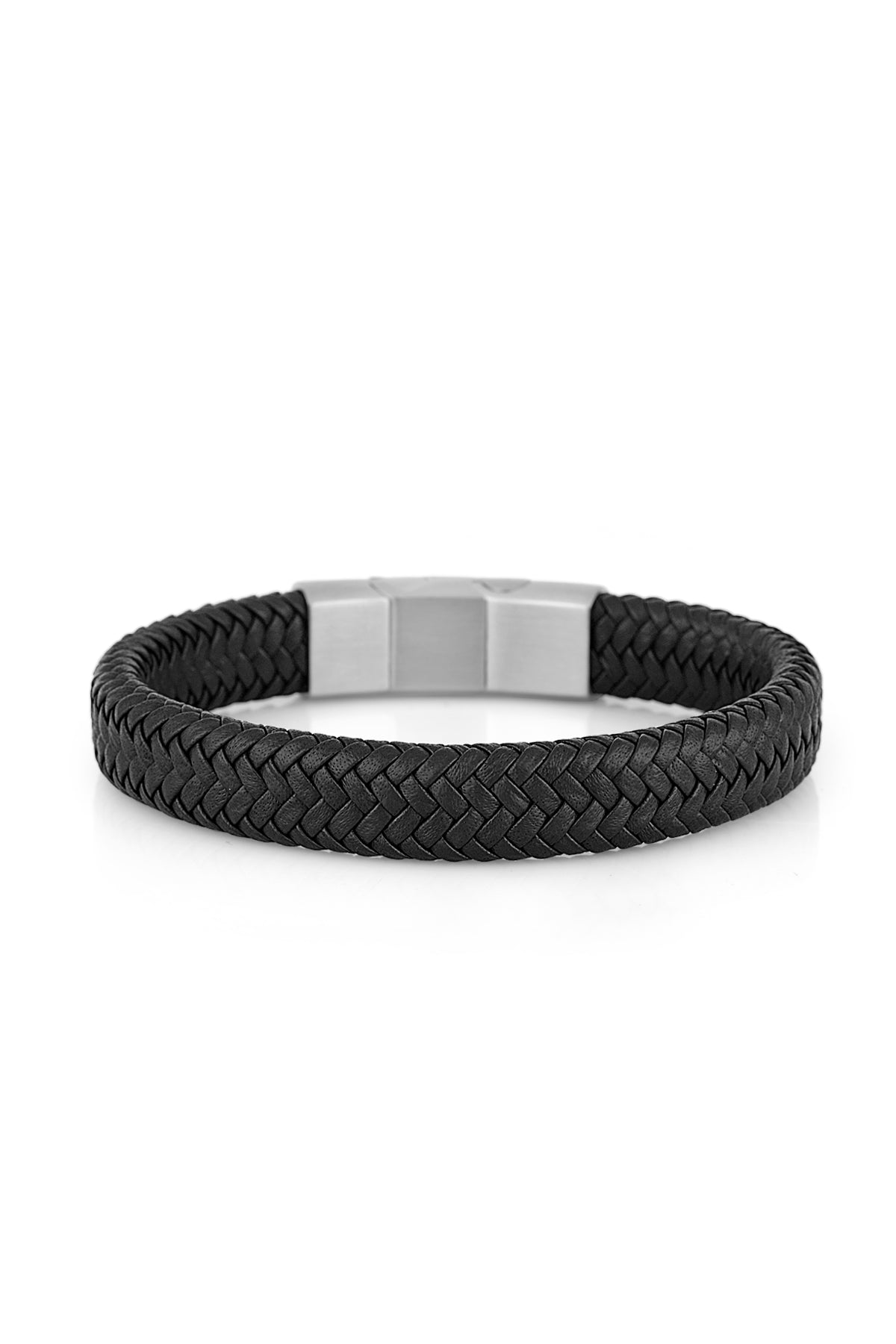 A black braided leather bracelet with a silver-toned rectangular clasp, shown on a clean white background.