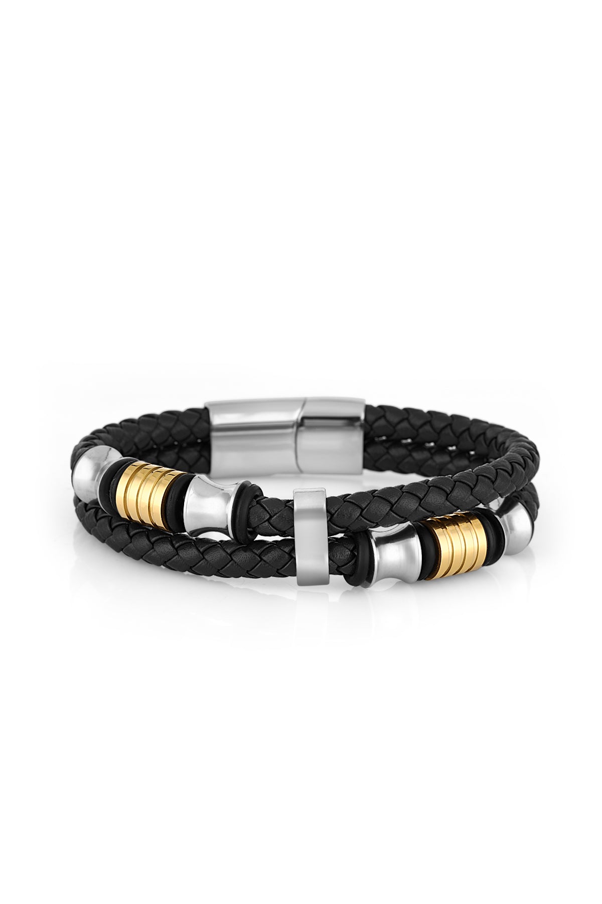 A men's double-strand braided leather bracelet with silver-toned metal accents and gold-toned spacer beads, displayed on a clean white background.
