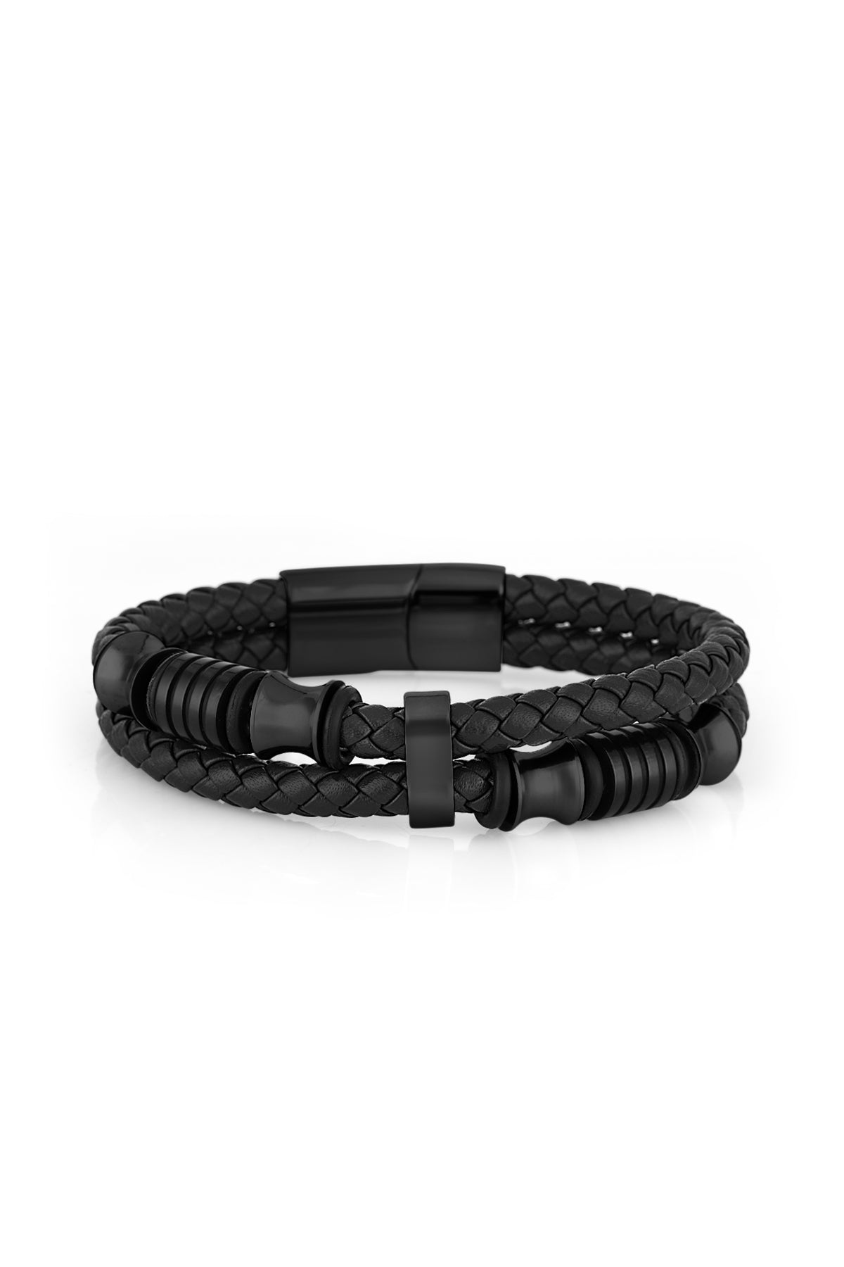 A black braided leather bracelet with a matching black magnetic clasp and textured spacer beads, shown on a clean white background.