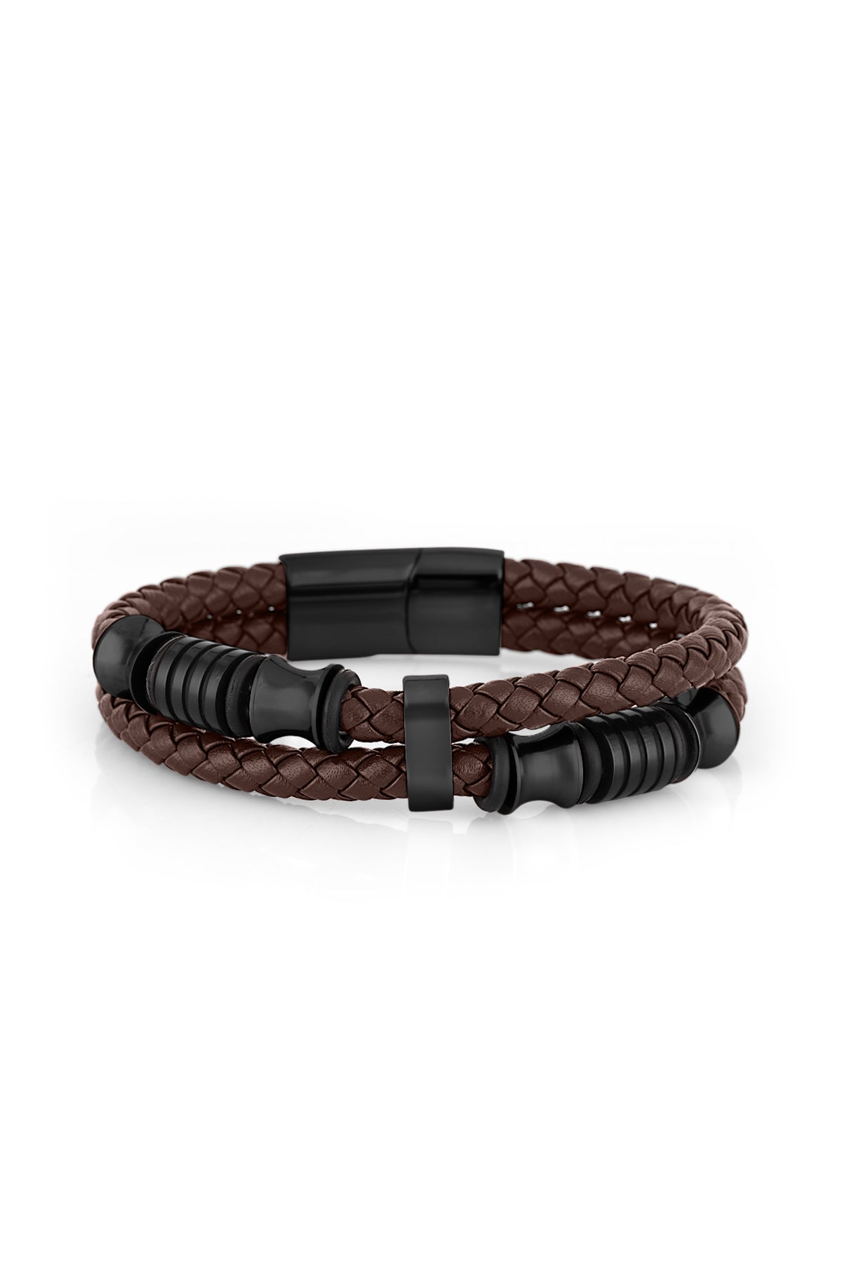 A double-strand braided brown leather bracelet with matte black metal accents, including a rectangular clasp and ribbed beads, displayed on a clean white background.