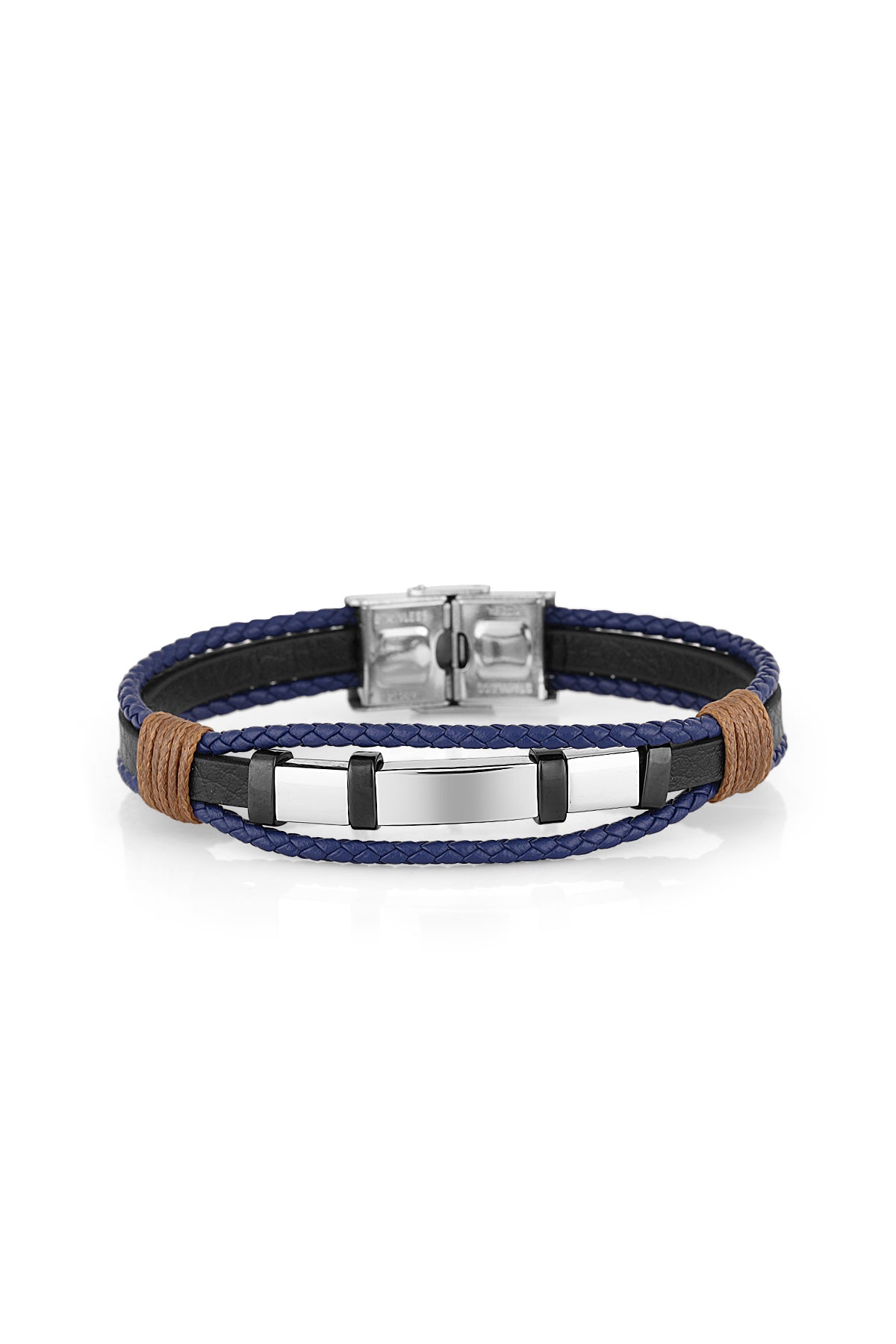 A men's multi-strand bracelet featuring navy blue braided cord, black leather, and polished silver-tone metal accents, including a central slide clasp and a decorative bar.