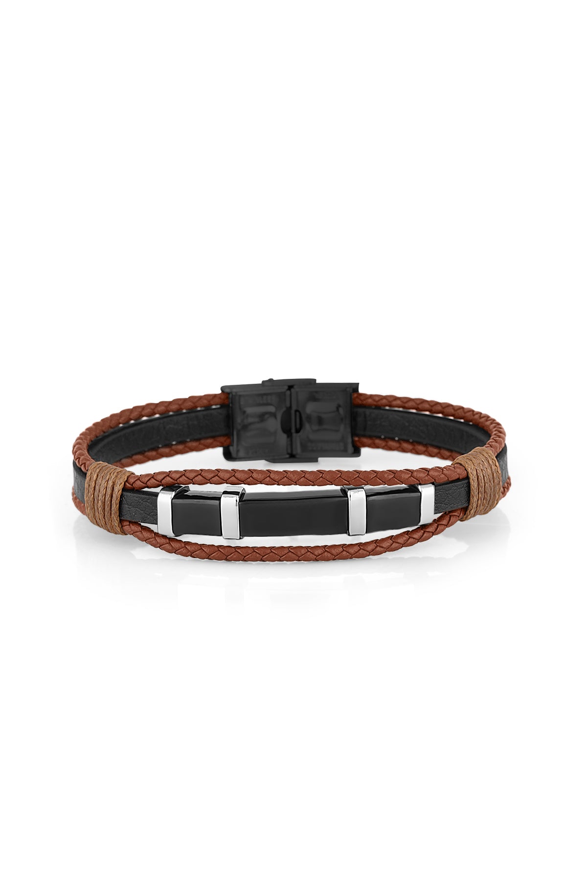 A men's multi-strand bracelet featuring brown braided cord, a black faux-leather band, and polished silver-tone metal accents, displayed on a clean white background.