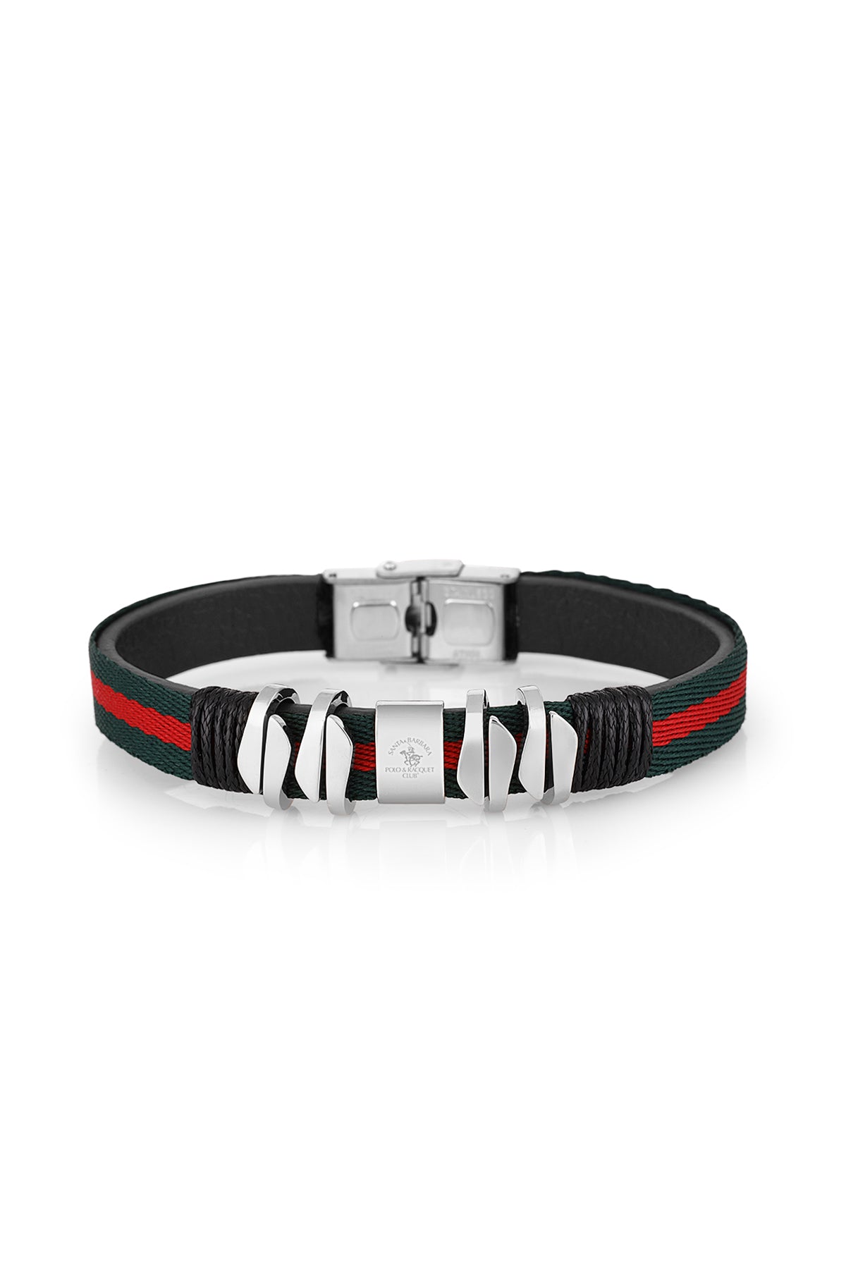 A Gucci bracelet featuring a black leather strap with the signature red and green web stripe, accented by silver-tone metal geometric charms and a silver buckle.