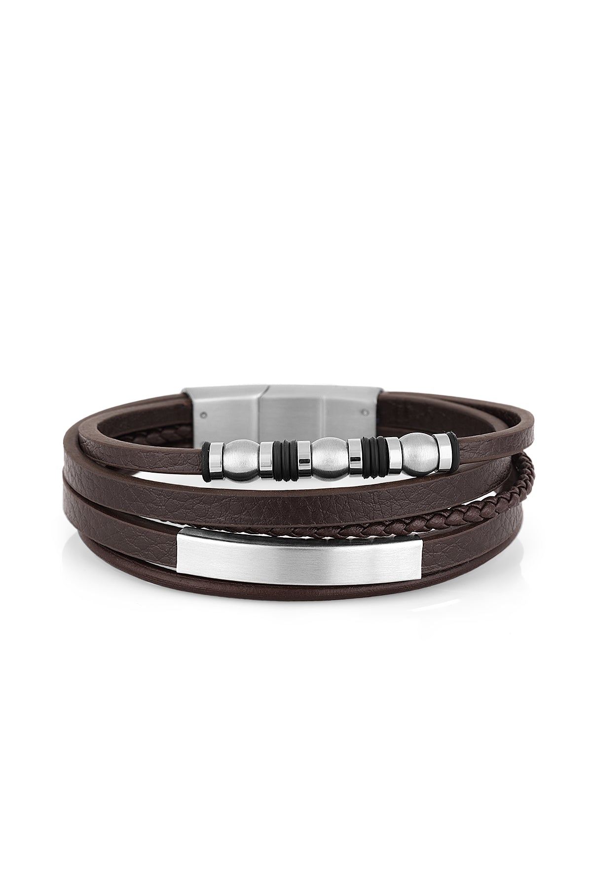 A dark brown multi-strand leather bracelet with silver-tone metal accents, including a rectangular ID plate, spacer beads, and a magnetic clasp, shown on a plain white background.