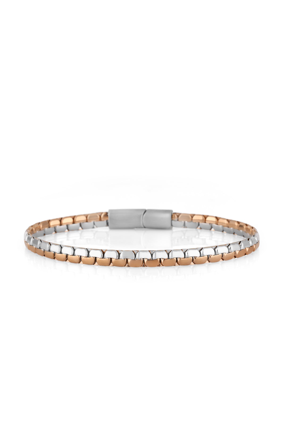 A two-tone metal link bracelet with a rose gold outer band and a silver inner band, featuring a matching rectangular clasp, shown on a plain white background.