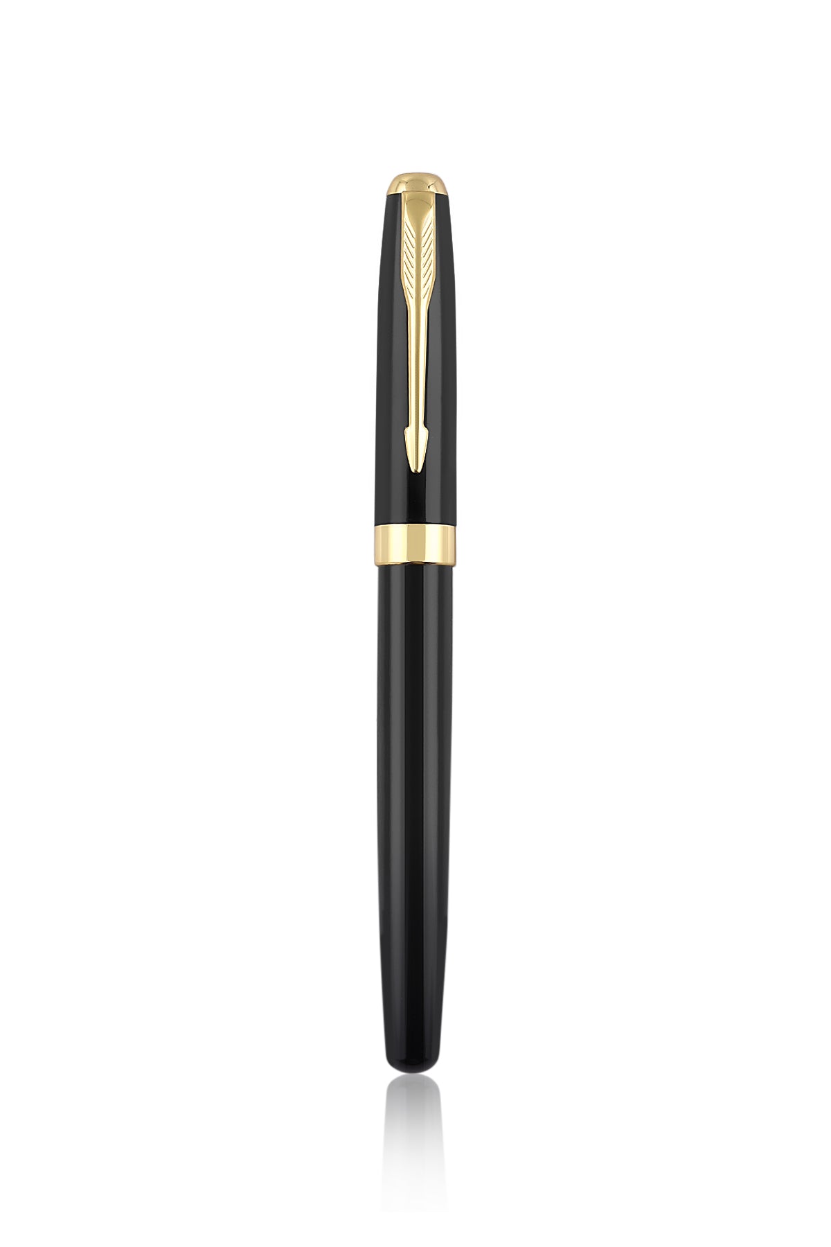 Black pen with gold accents on a white background