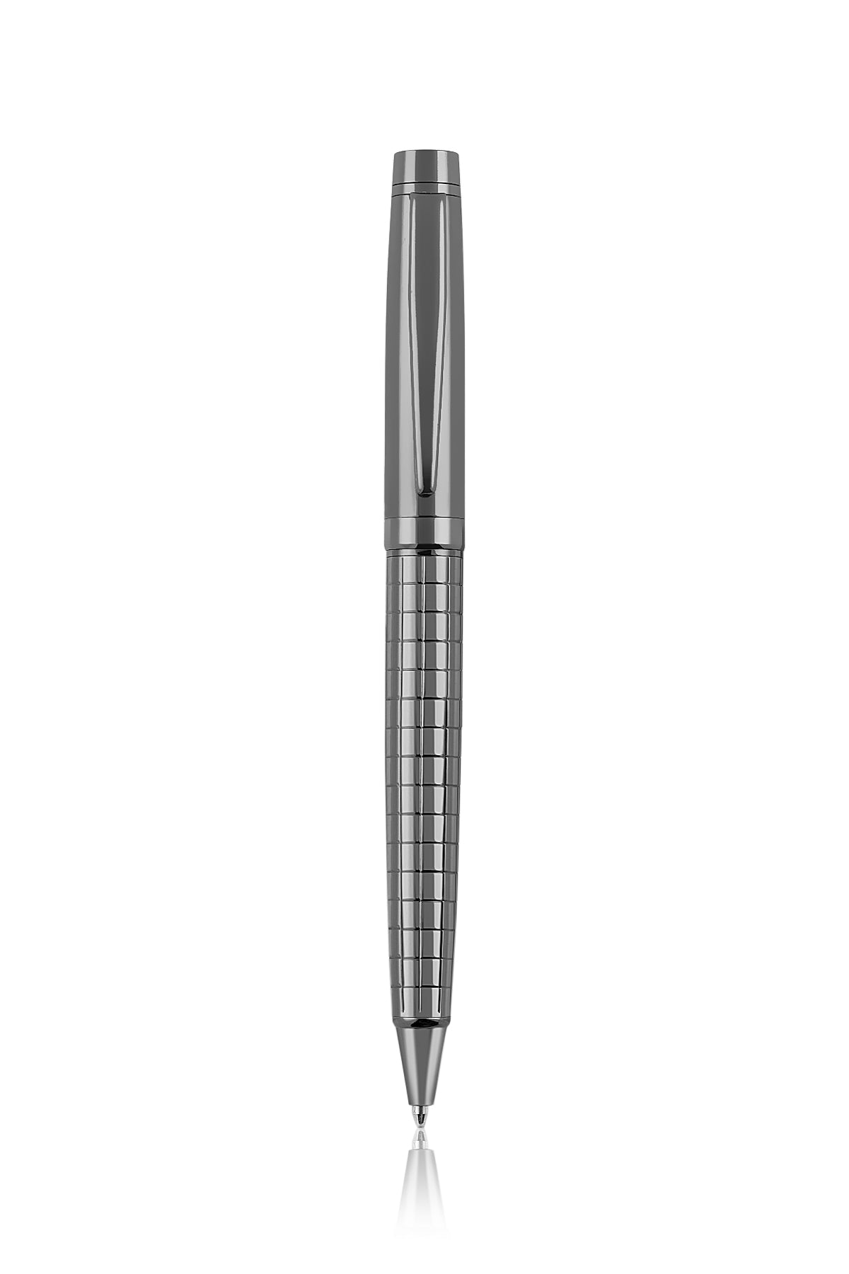 Silver pen with a checkered pattern on a white background