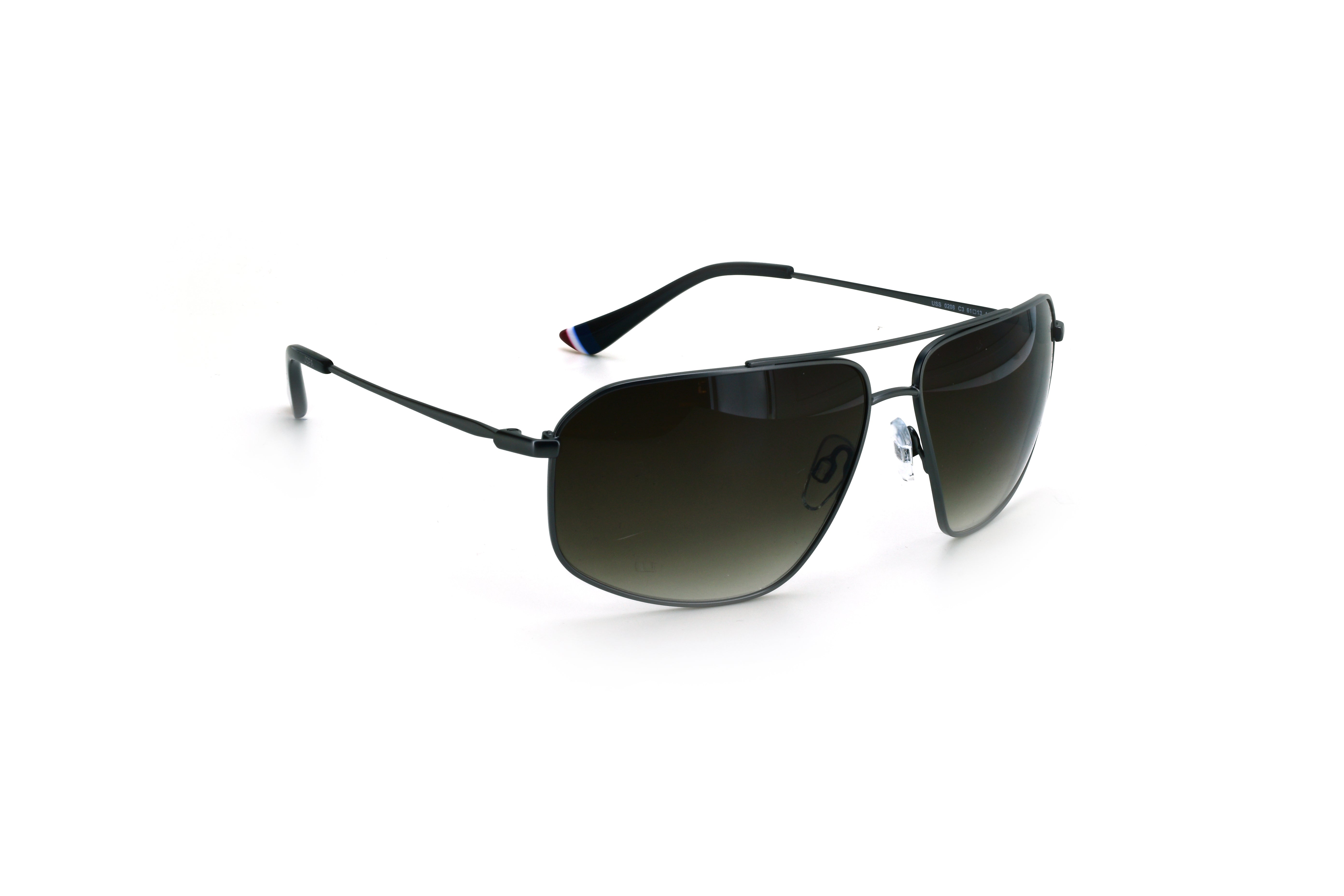 Sunglasses with black frame and gradient lenses on a white background