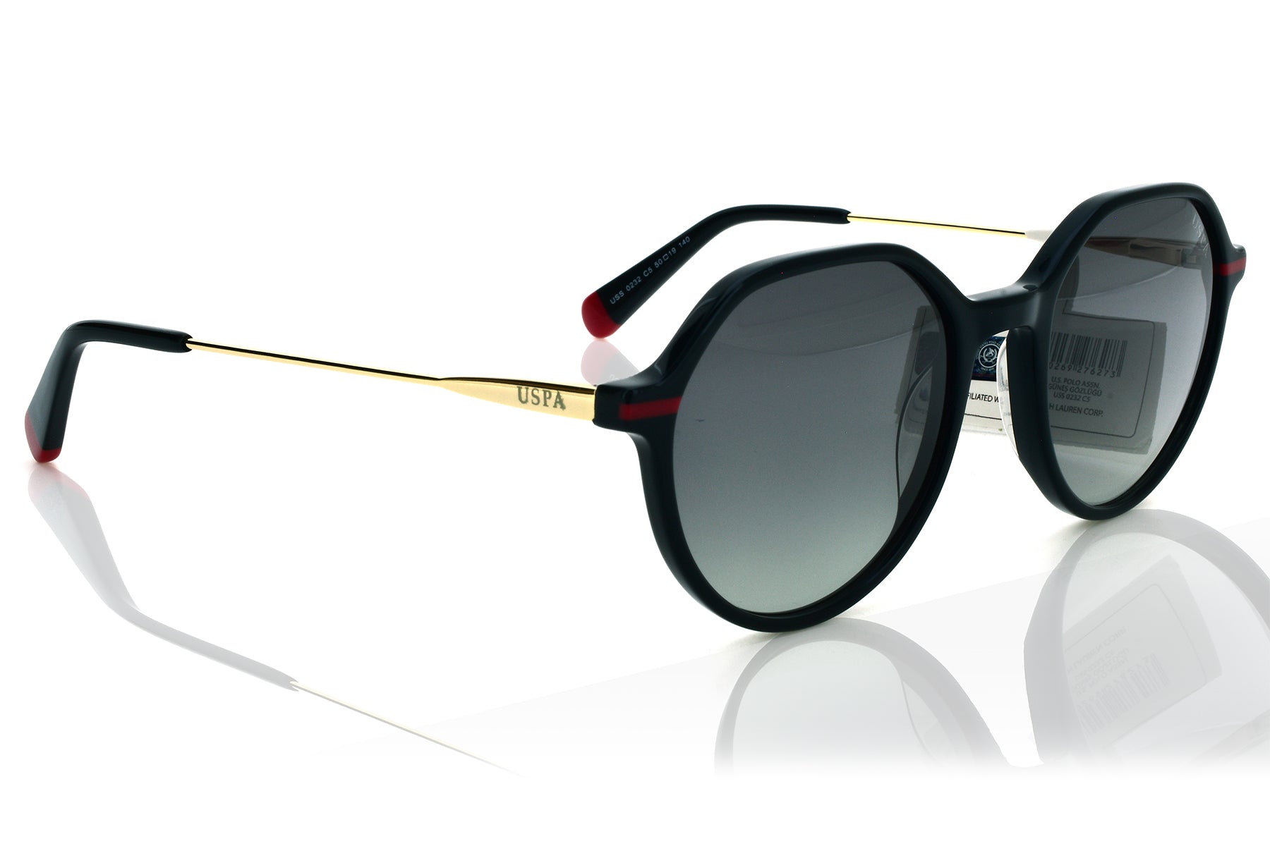 Sunglasses with black frame and reflective lenses on a white background