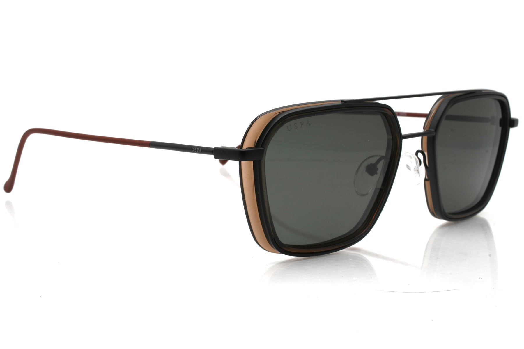 Sunglasses with brown frame and dark lenses on a white background