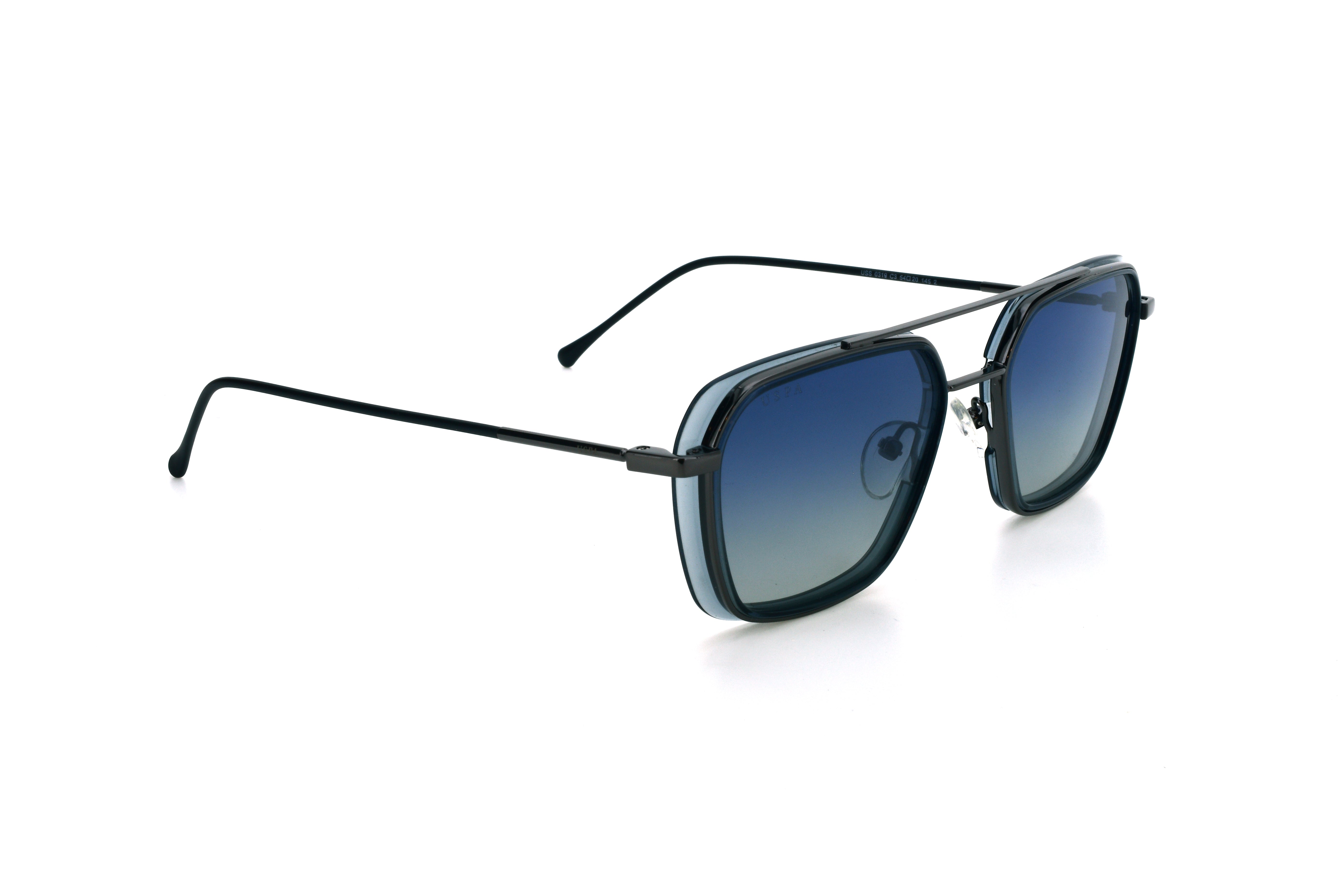 Sunglasses with black frame and blue gradient lenses on a white background
