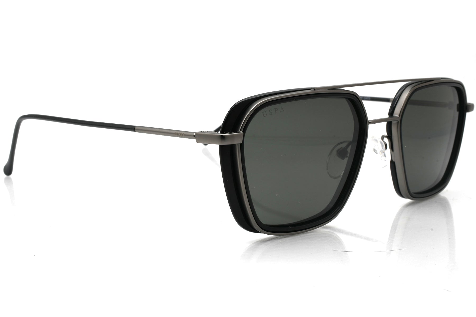 Black sunglasses with dark lenses on a white background