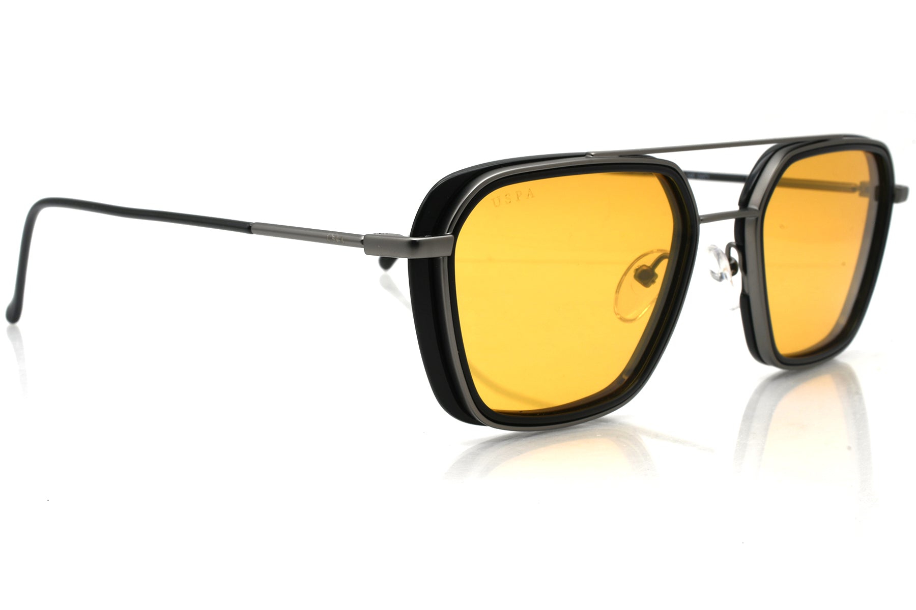 Sunglasses with black frame and yellow lenses on a white background