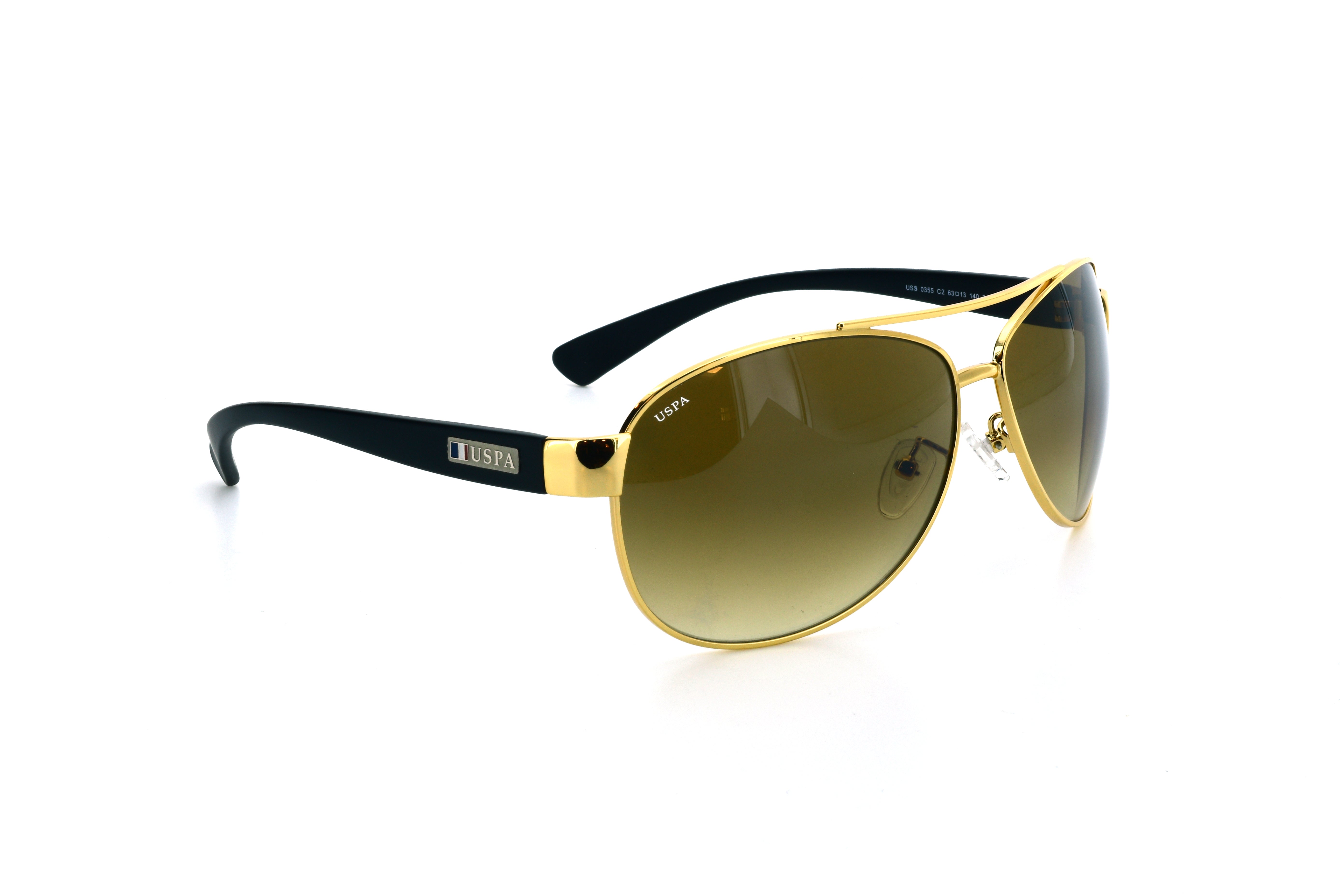 Gold-framed sunglasses with brown lenses on a white background