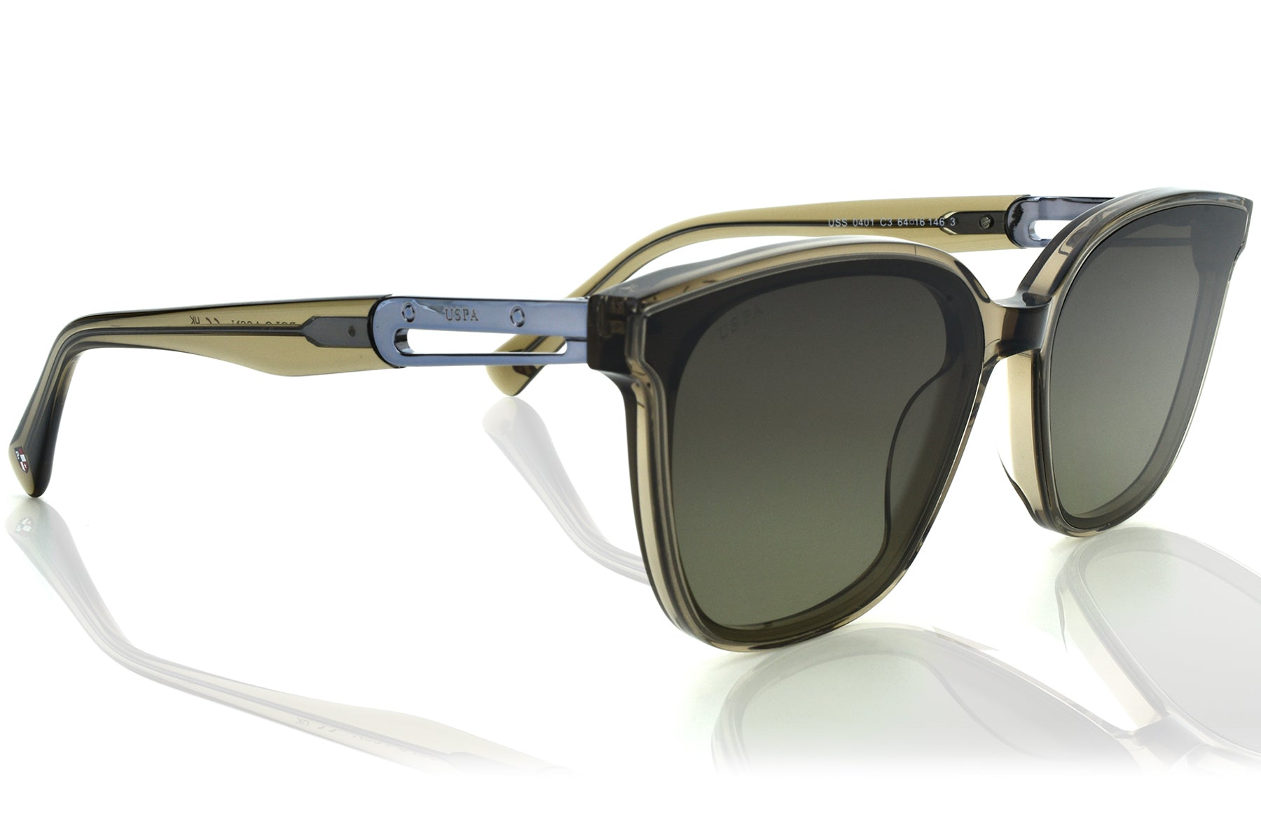 Sunglasses with a reflective surface on a white background