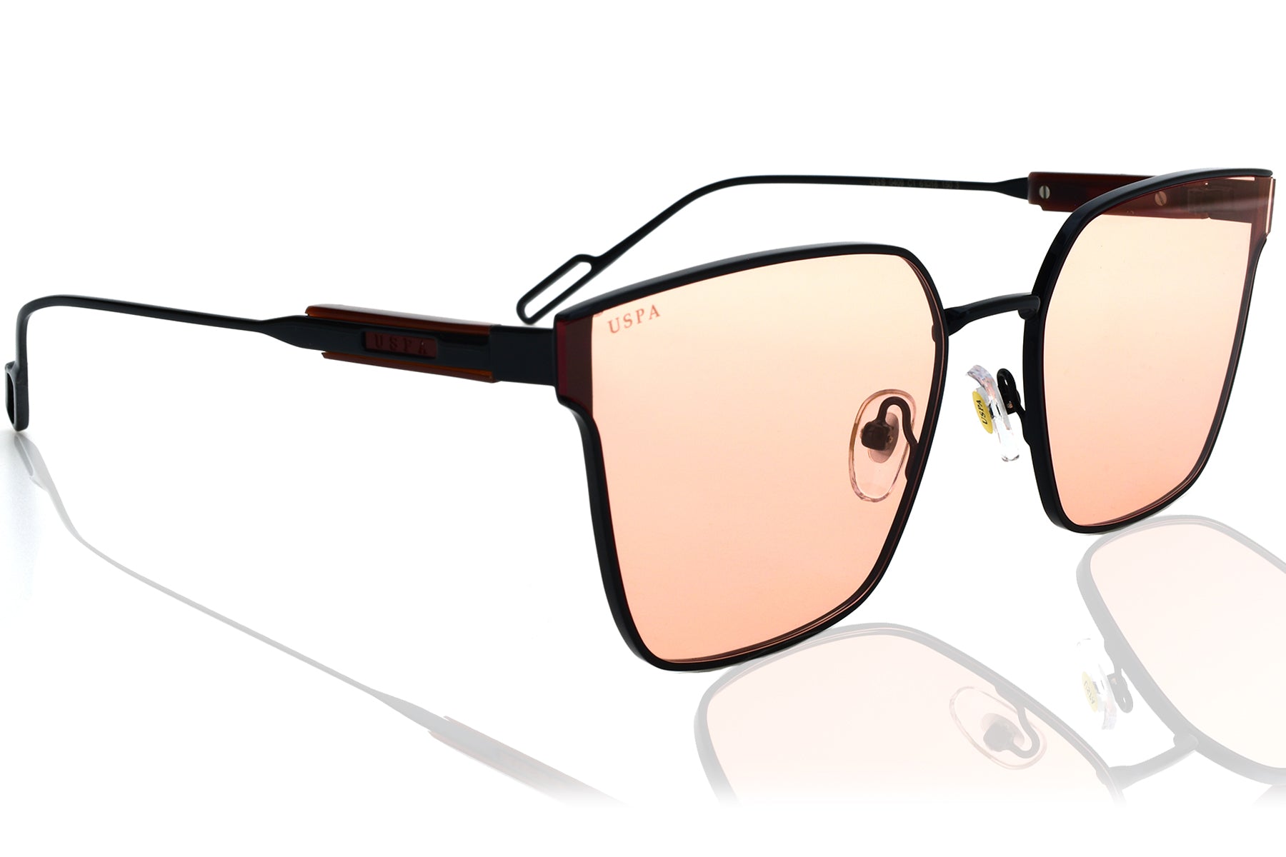 Sunglasses with black frame and pink-tinted lenses on a white background