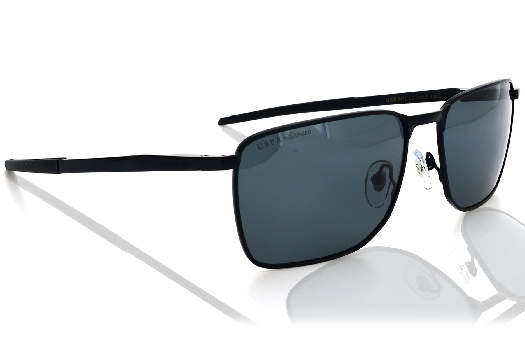 Black sunglasses with reflective lenses on a white background