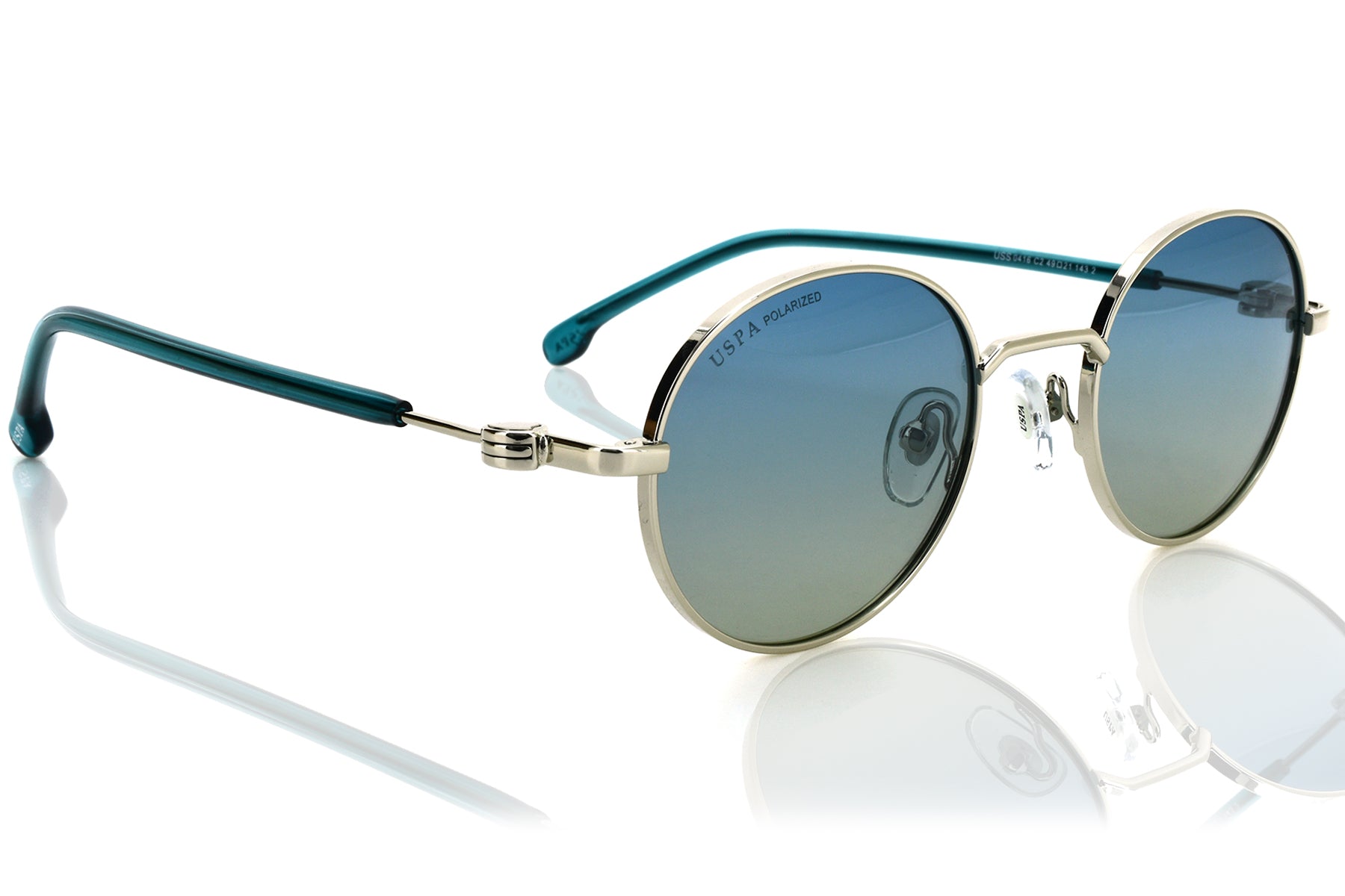 Round sunglasses with blue gradient lenses on a white background