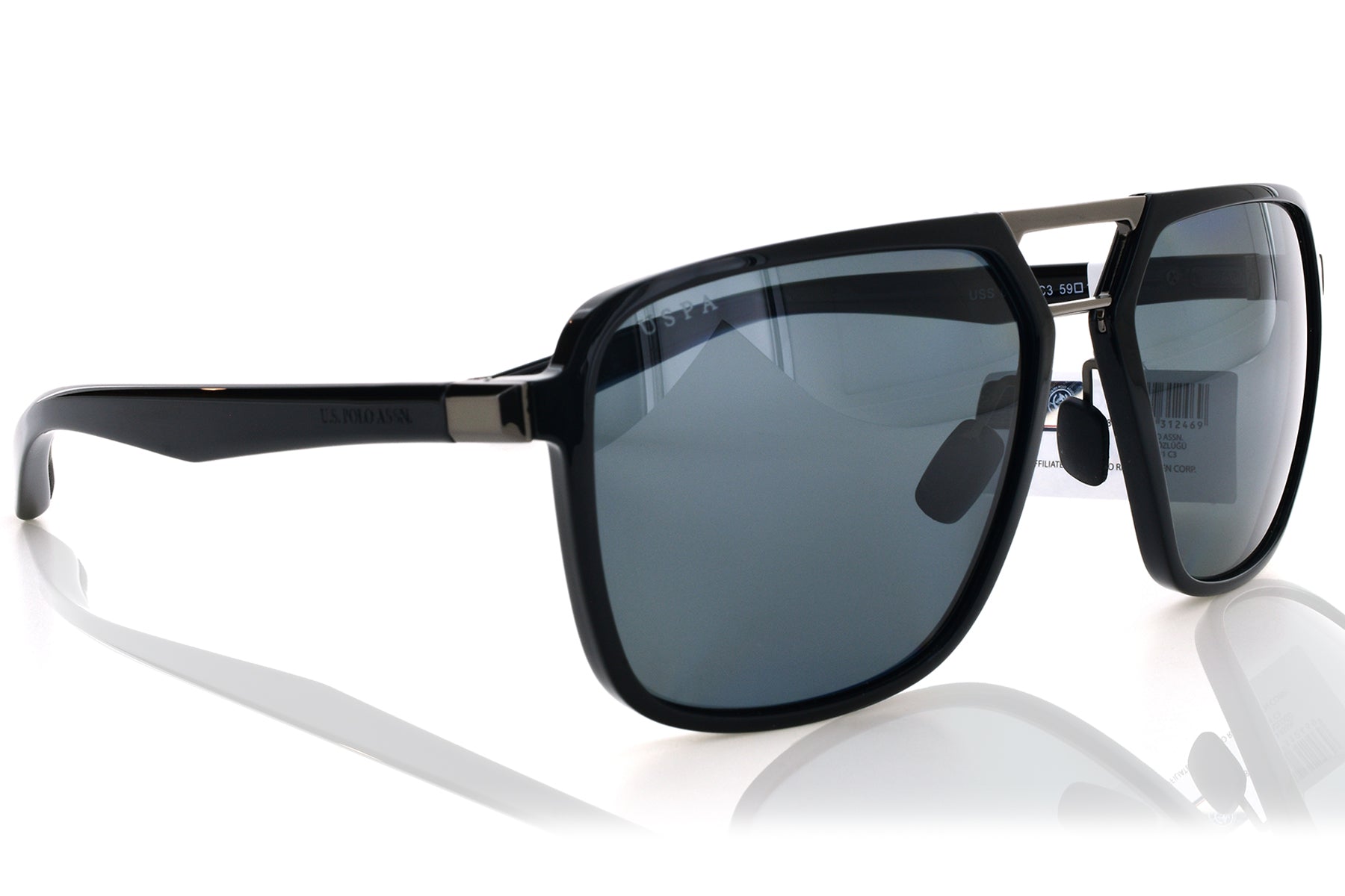 Black sunglasses with reflective lenses on a white background