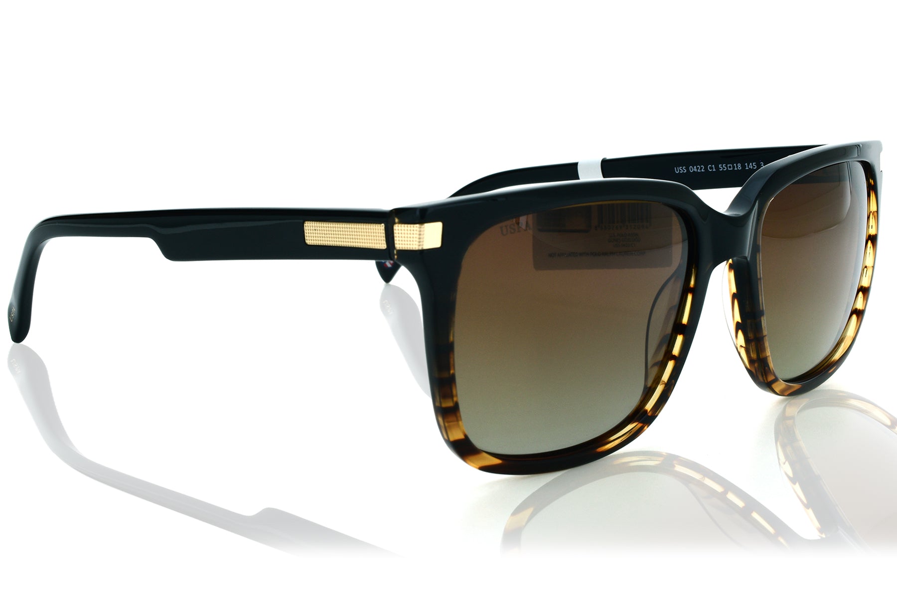 Sunglasses with black frame and tortoiseshell accents on a white background