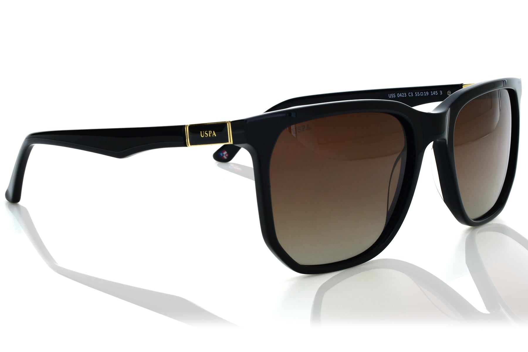 Black sunglasses with brown lenses on a white background
