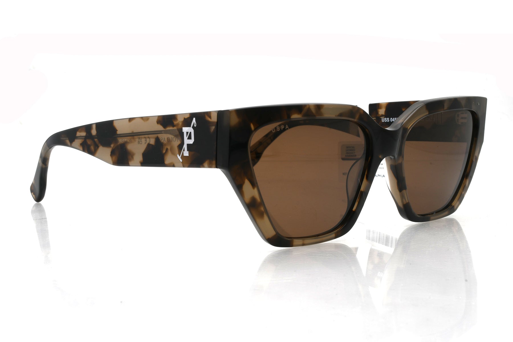 Tortoiseshell sunglasses with a reflective surface on a white background