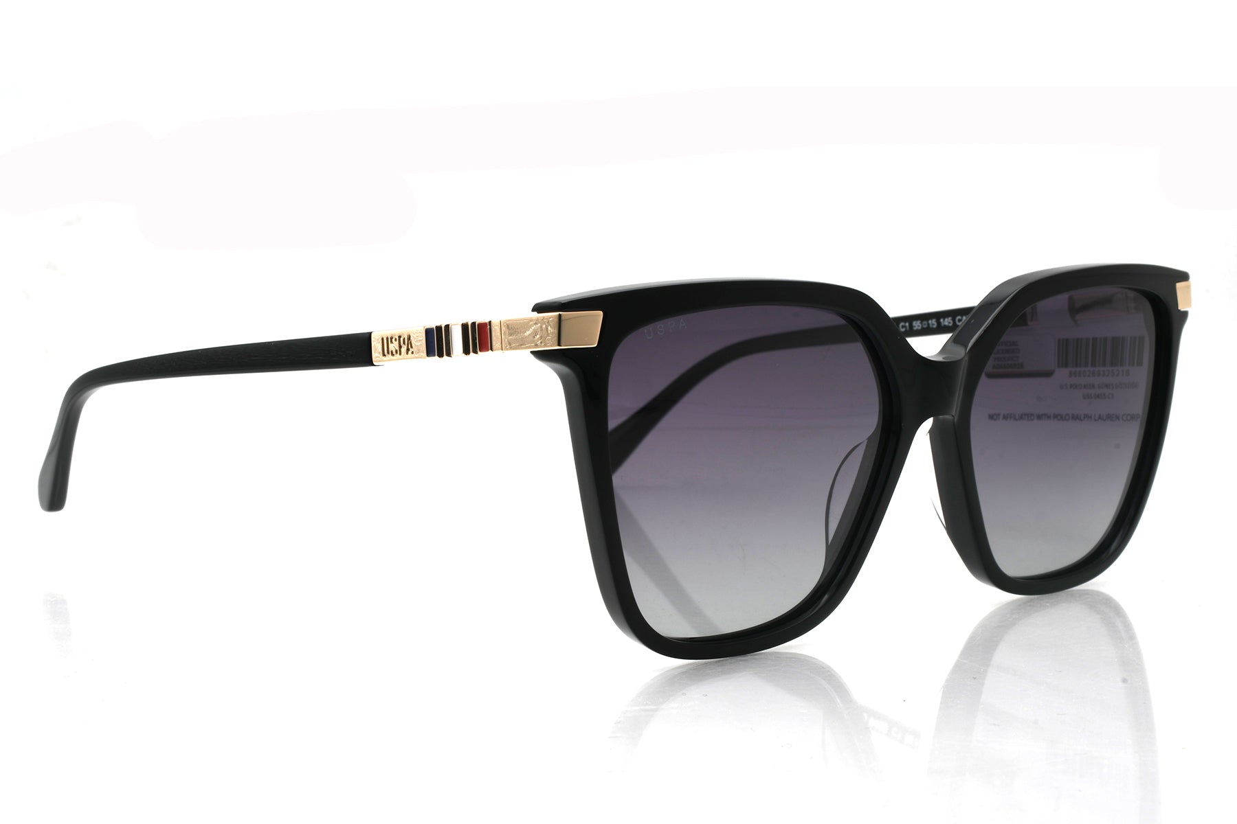 Black sunglasses with gold accents on a white background