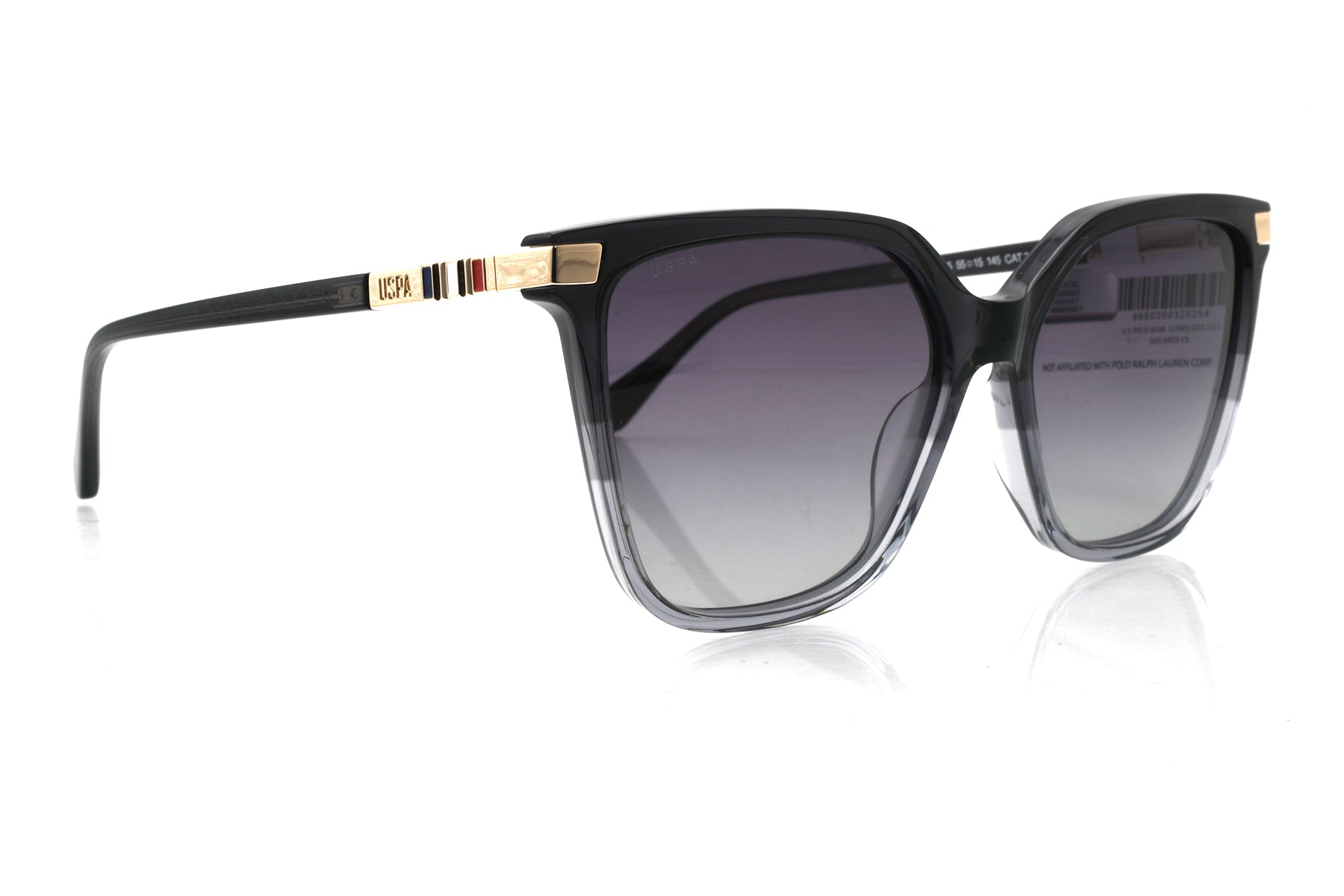 Sunglasses with black frame and gradient lenses on a white background