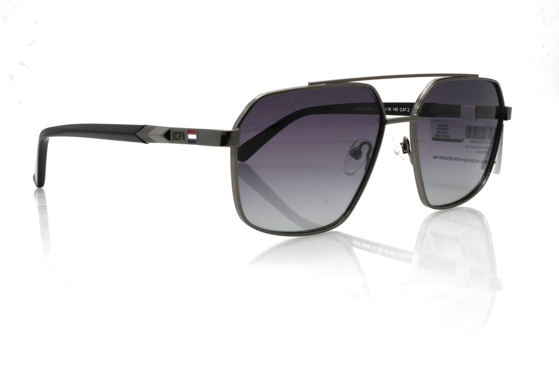 Sunglasses with a reflective surface on a white background