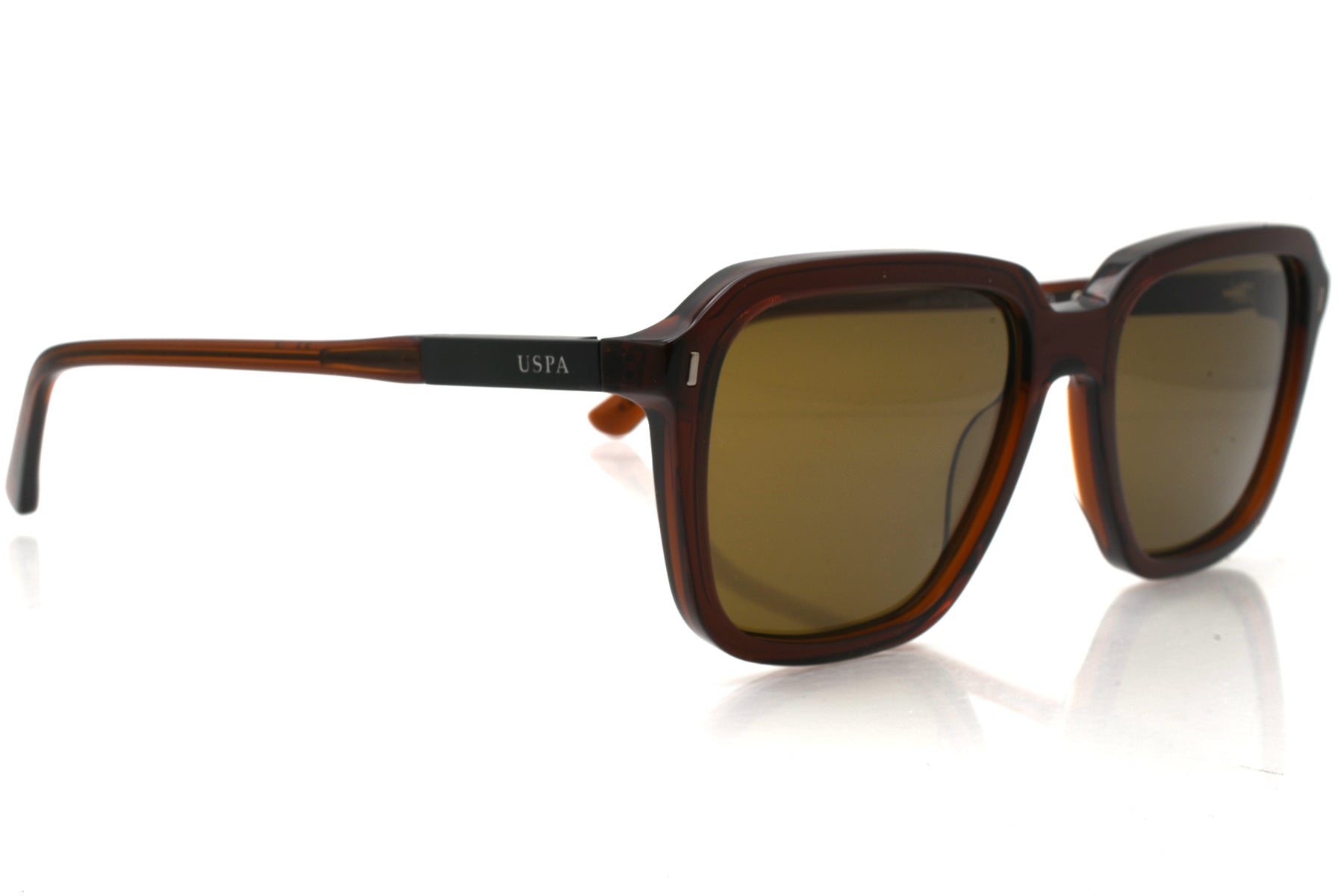 Brown sunglasses with a reflective surface on a white background