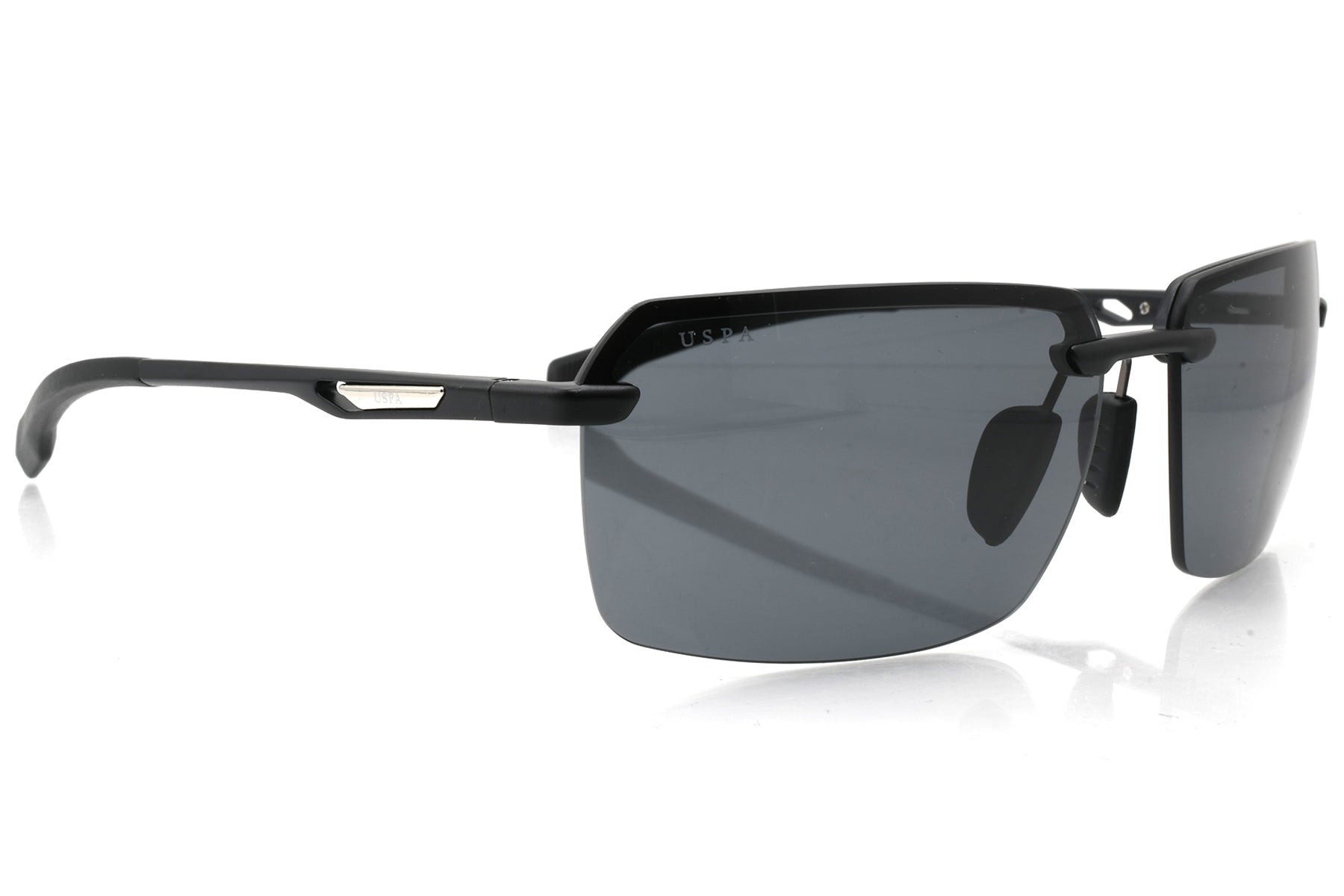 Black sunglasses with reflective lenses on a white background