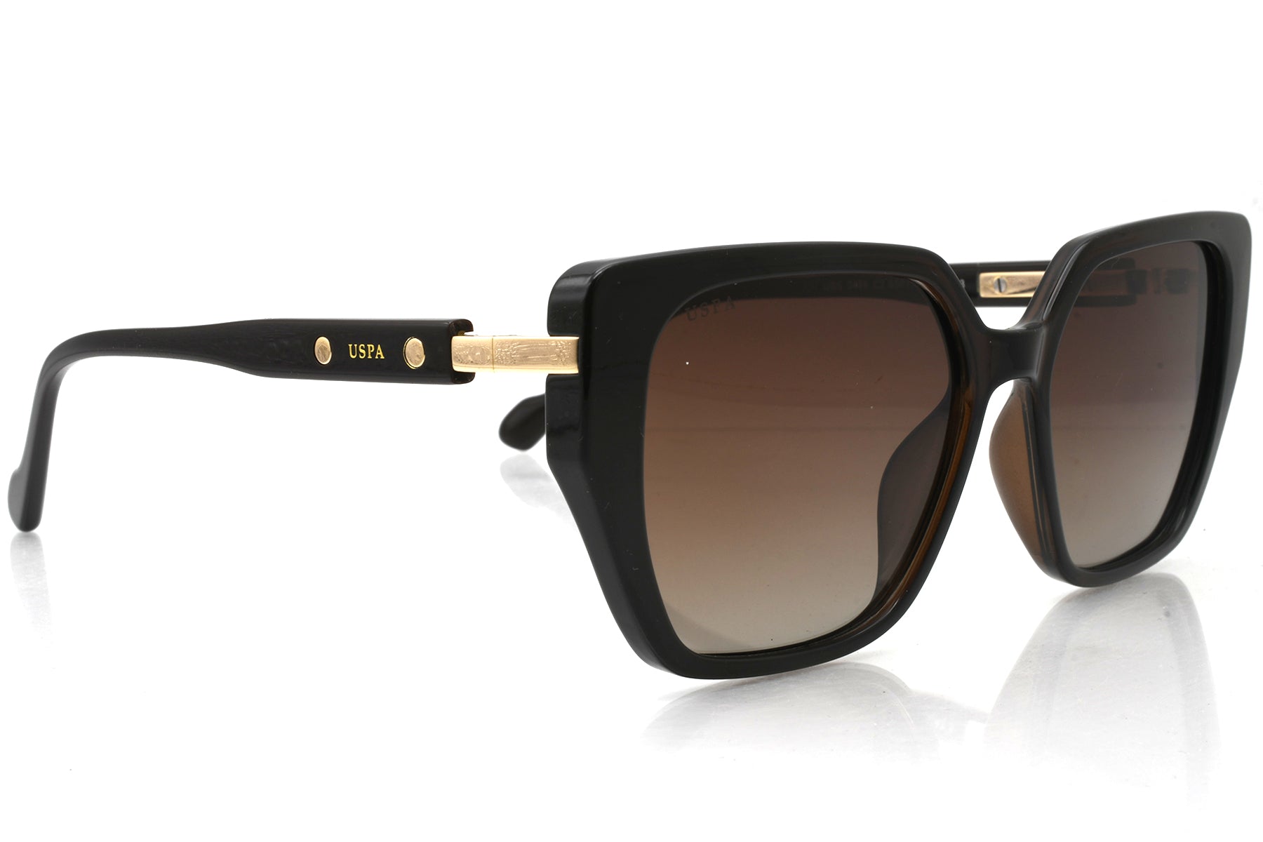 Black sunglasses with gold accents on a white background