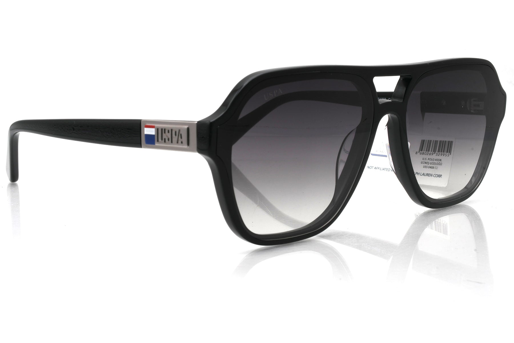 Black sunglasses with a brand logo on a white background