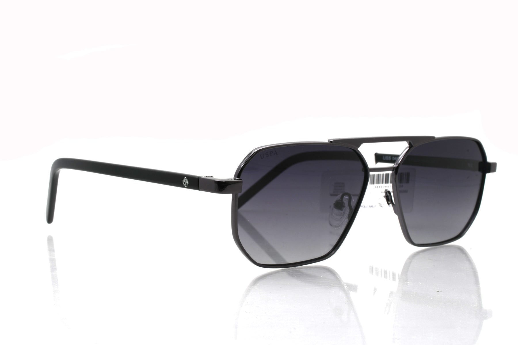 Black sunglasses with a reflective surface on a white background