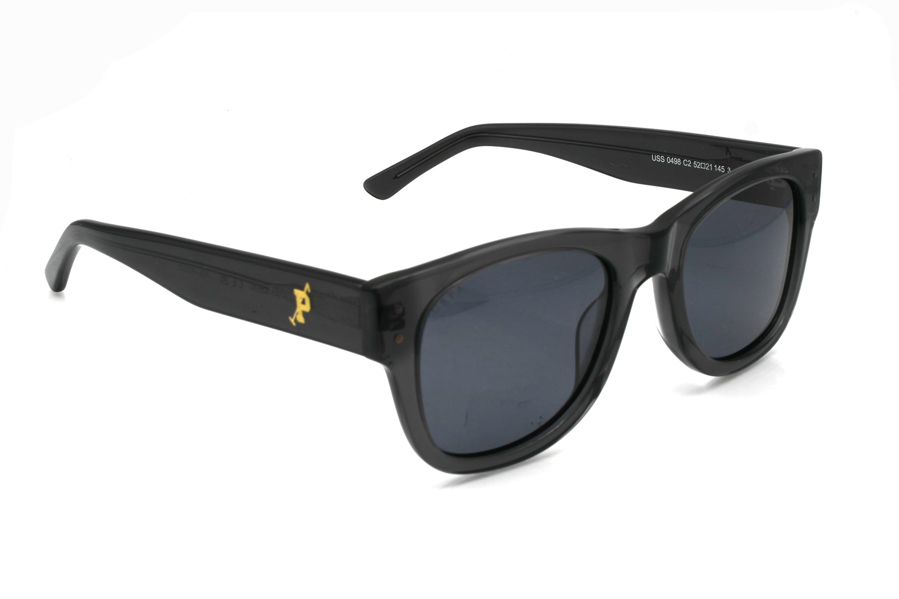 Black sunglasses with a logo on a white background