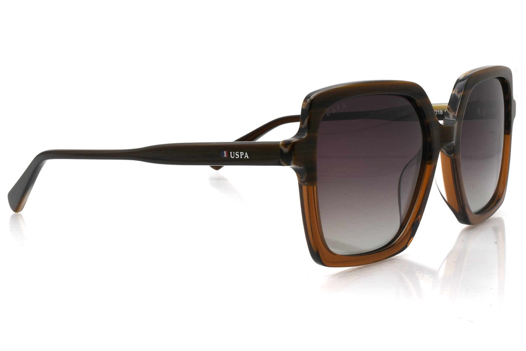 Sunglasses with brown frame and gradient lenses on a white background
