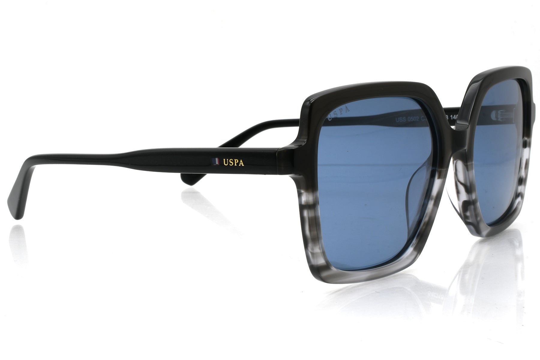Sunglasses with black frame and blue lenses on a white background