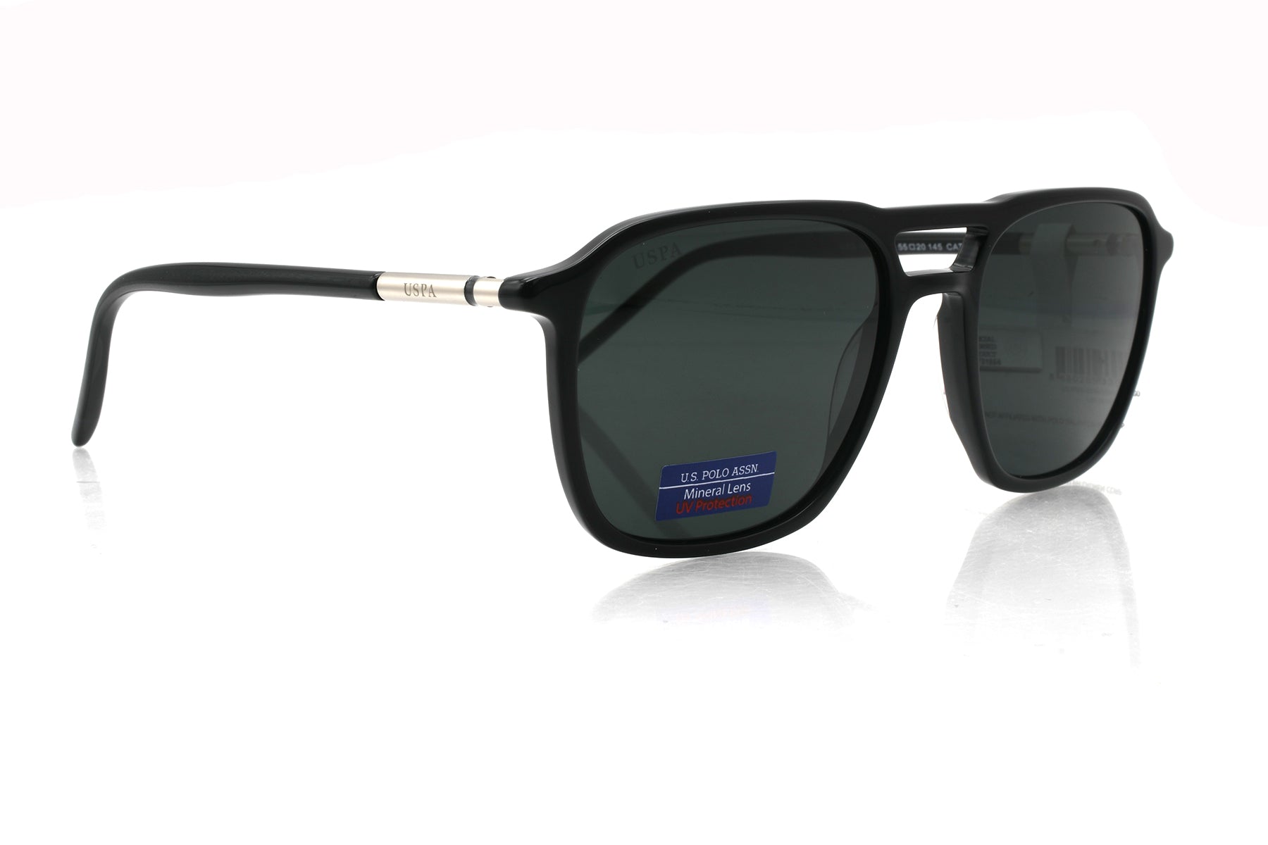 Black sunglasses with a reflective surface on a white background