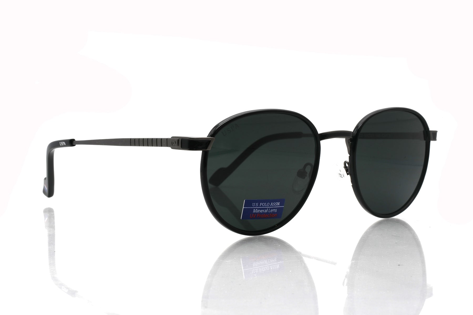 Round sunglasses with black frame and dark lenses on a white background
