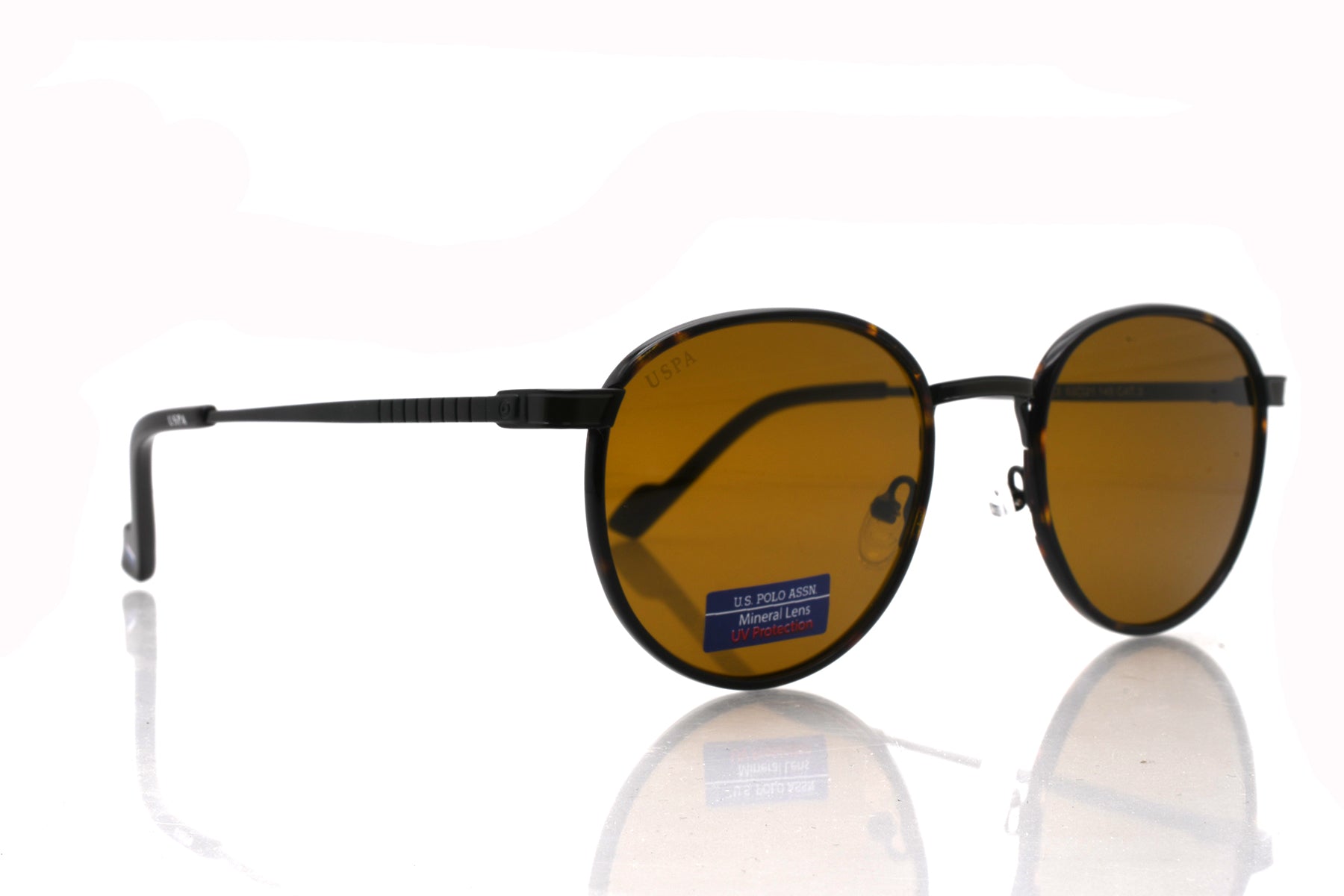 Round sunglasses with brown lenses on a white background