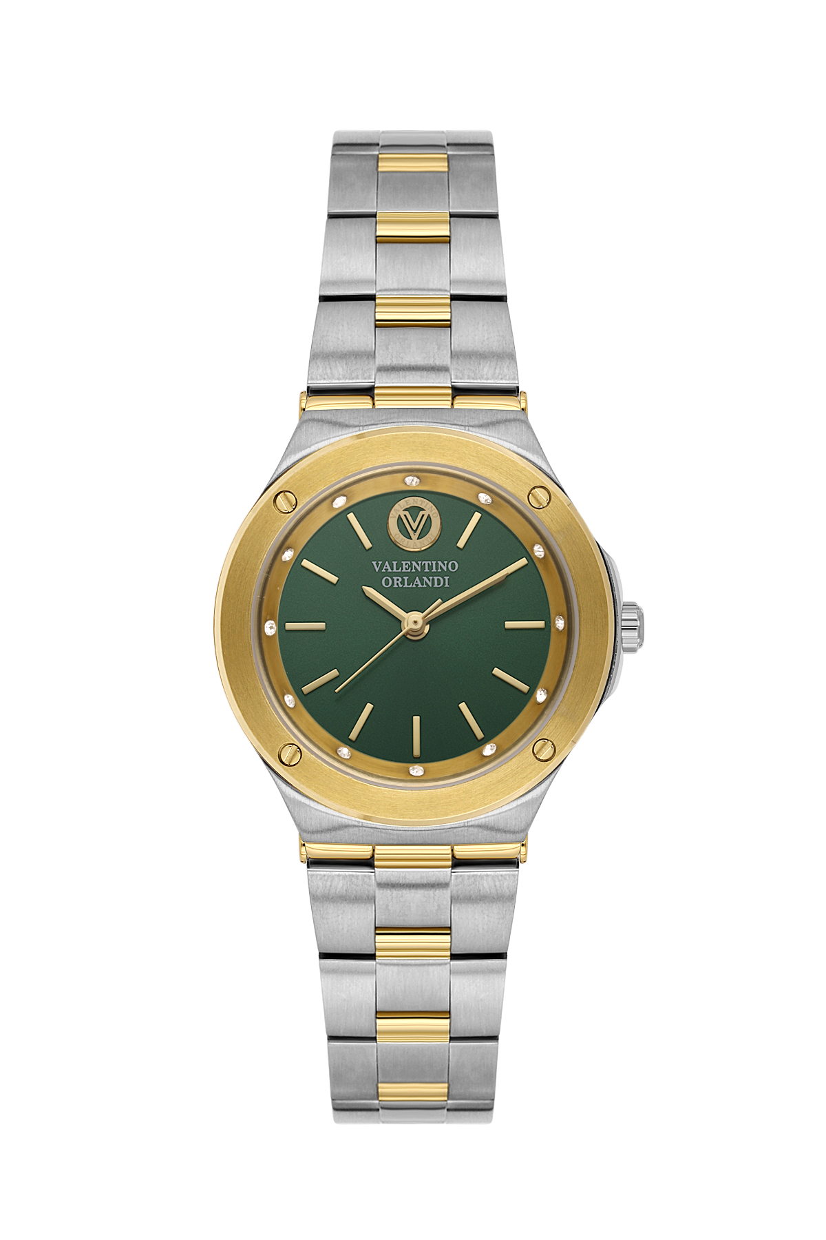 A two-tone stainless steel and gold Valentino Odorisi watch with a dark green dial and matching green bezel, shown on a plain white background.