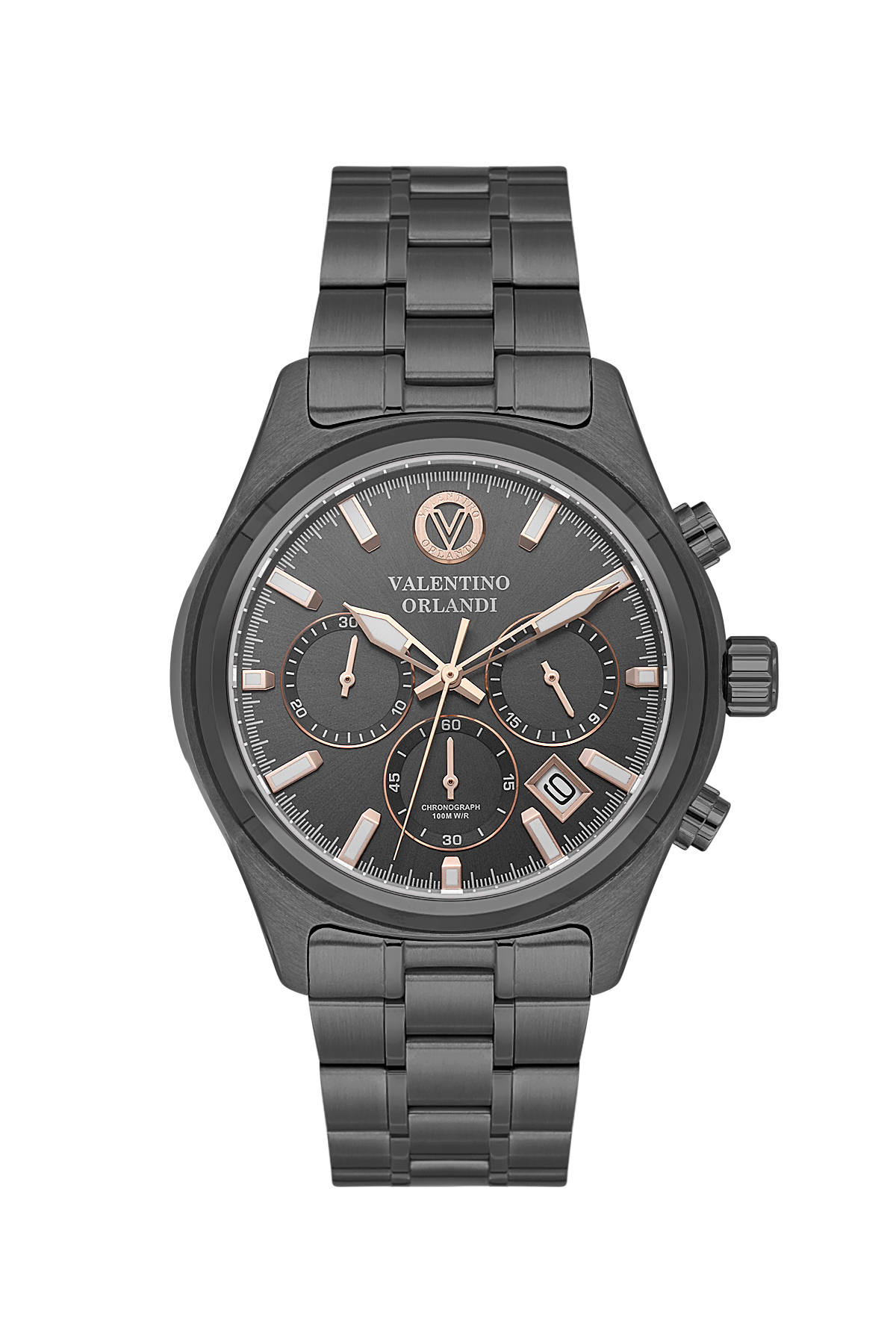 A Valentino Orlandi chronograph watch with a dark gray metal case and link bracelet, featuring a dark gray dial with rose gold-toned hands, markers, and subdials.