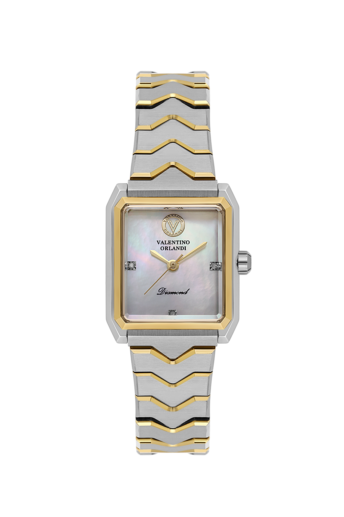 A two-tone stainless steel and gold Valentino Orlandi watch with a rectangular bezel, mother-of-pearl dial, and a matching two-tone chevron link bracelet, shown against a plain white background.