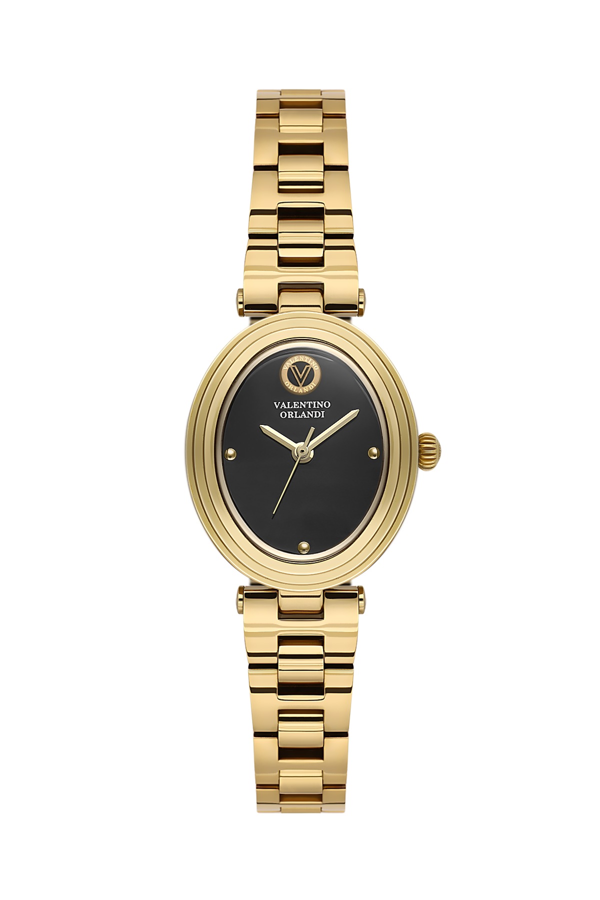 A gold-tone stainless steel women's watch by Valentino Orlando, featuring an oval black dial with gold-tone hands and markers, and a matching gold-tone link bracelet, shown against a plain white background.