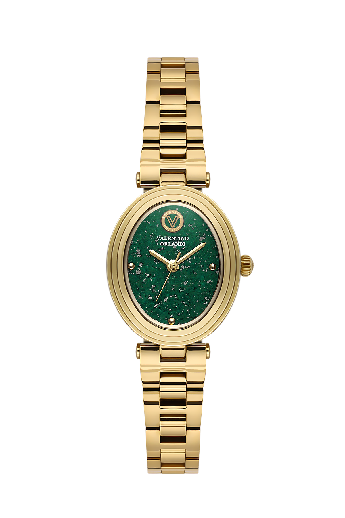A gold-tone stainless steel watch with an oval green dial featuring a starry pattern and gold hands, presented on a clean white background.