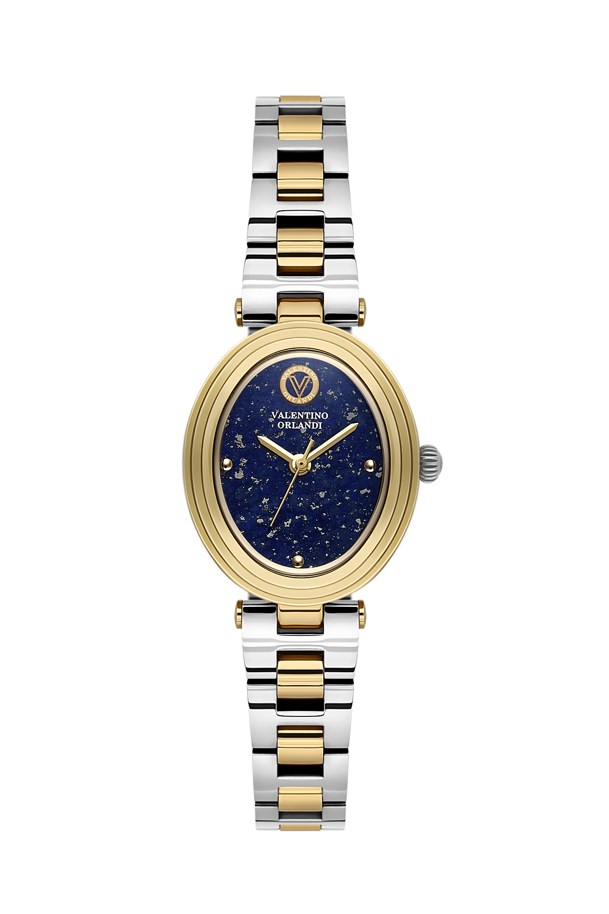 A women's two-tone Valentino Merzoni watch with a gold and silver stainless steel link bracelet, a gold-tone case, and a deep blue dial speckled with tiny stars.