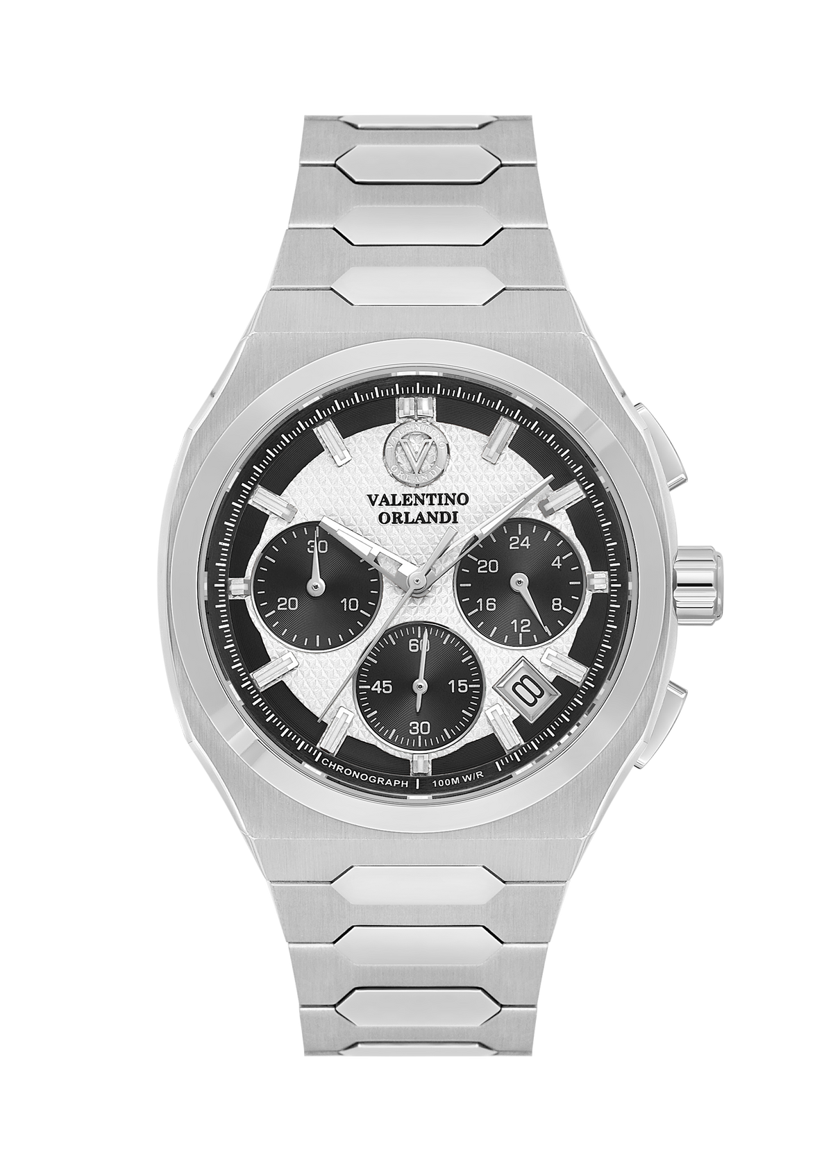 A silver-tone stainless steel wristwatch with a black dial, featuring three subdials, a date window, and the Valentino Orlando brand name on the face, set against a plain white background.